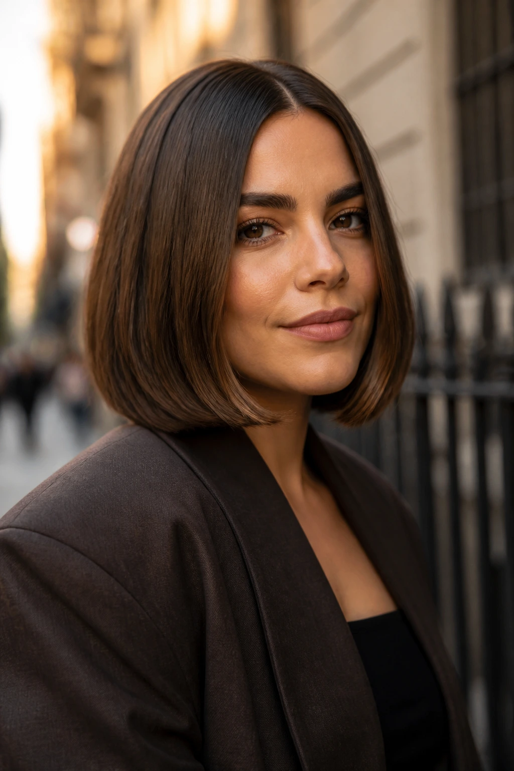 Portrait of a real person with a sleek center-part lob and bent ends in golden-hour street lighting
