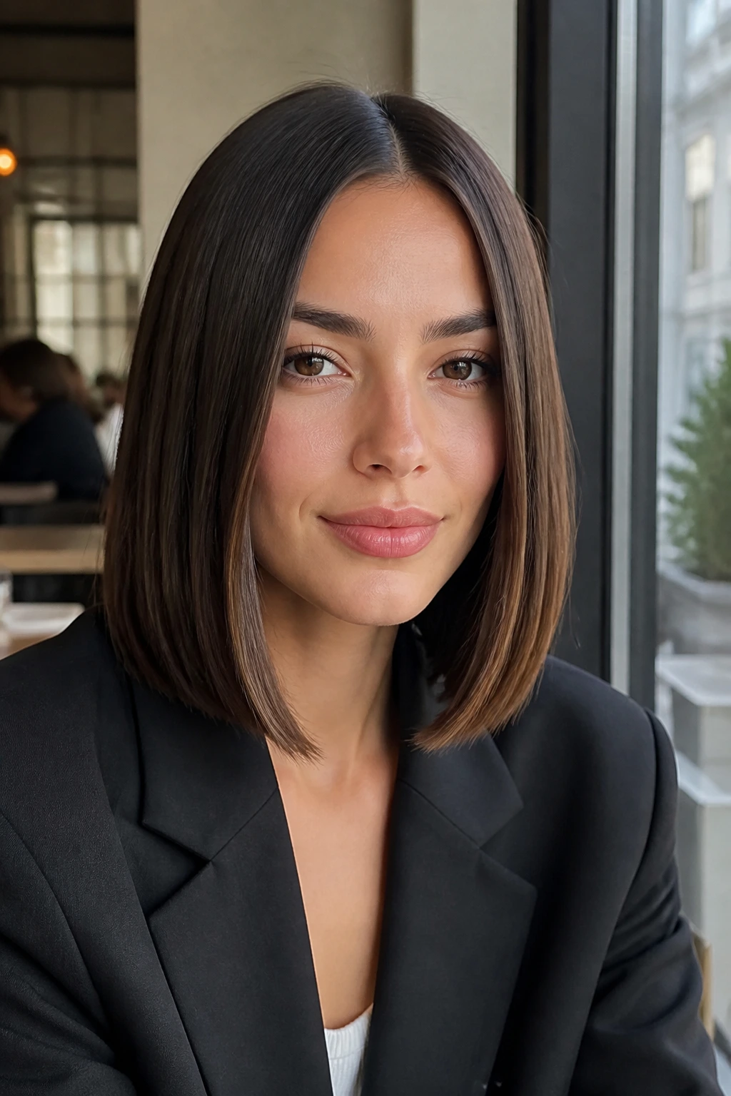 Close-up portrait of a woman with a sleek center-part lob at collarbone length in cafe light.