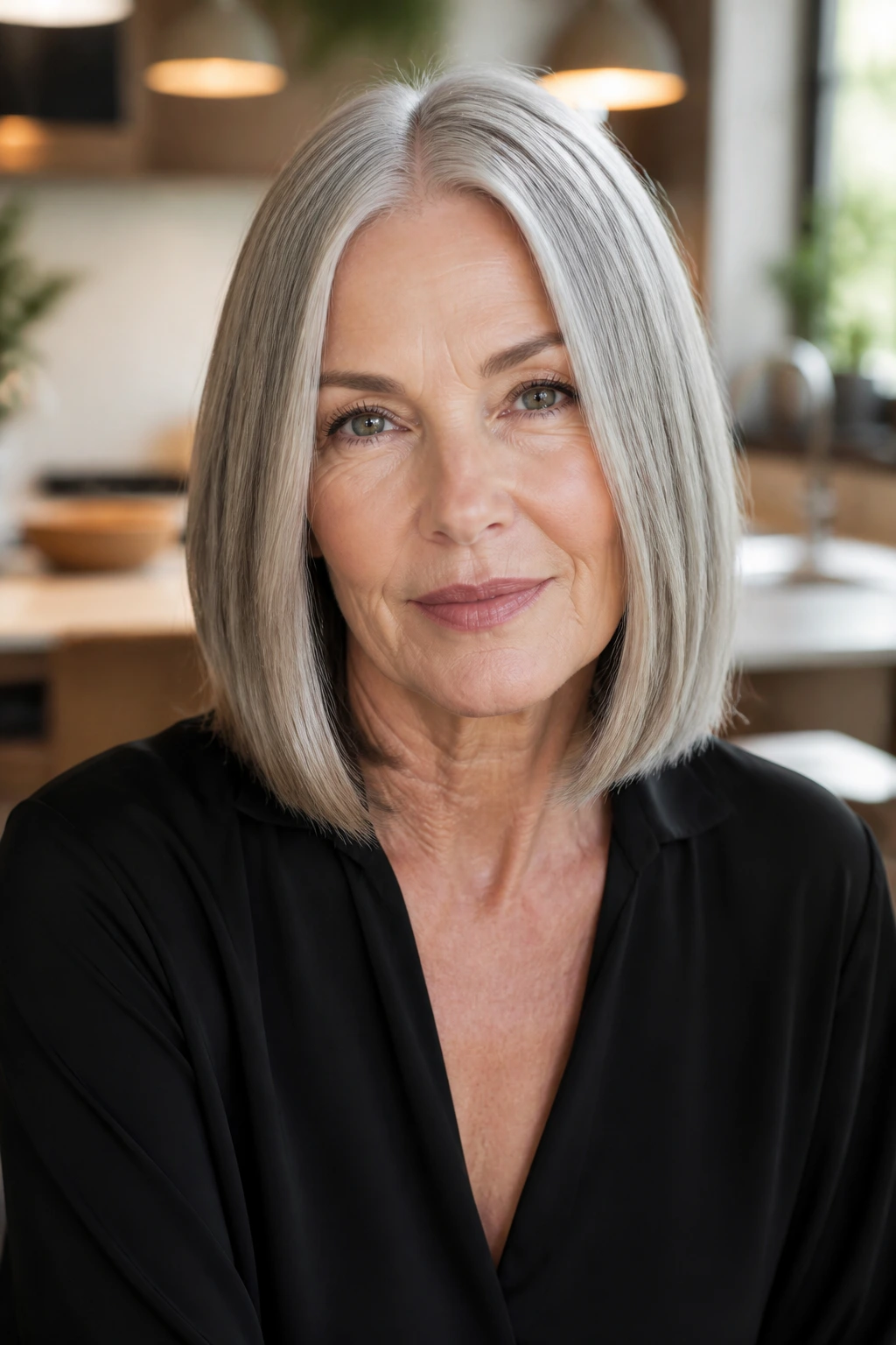 Close-up of a real woman with a sleek center-part midi hairstyle.