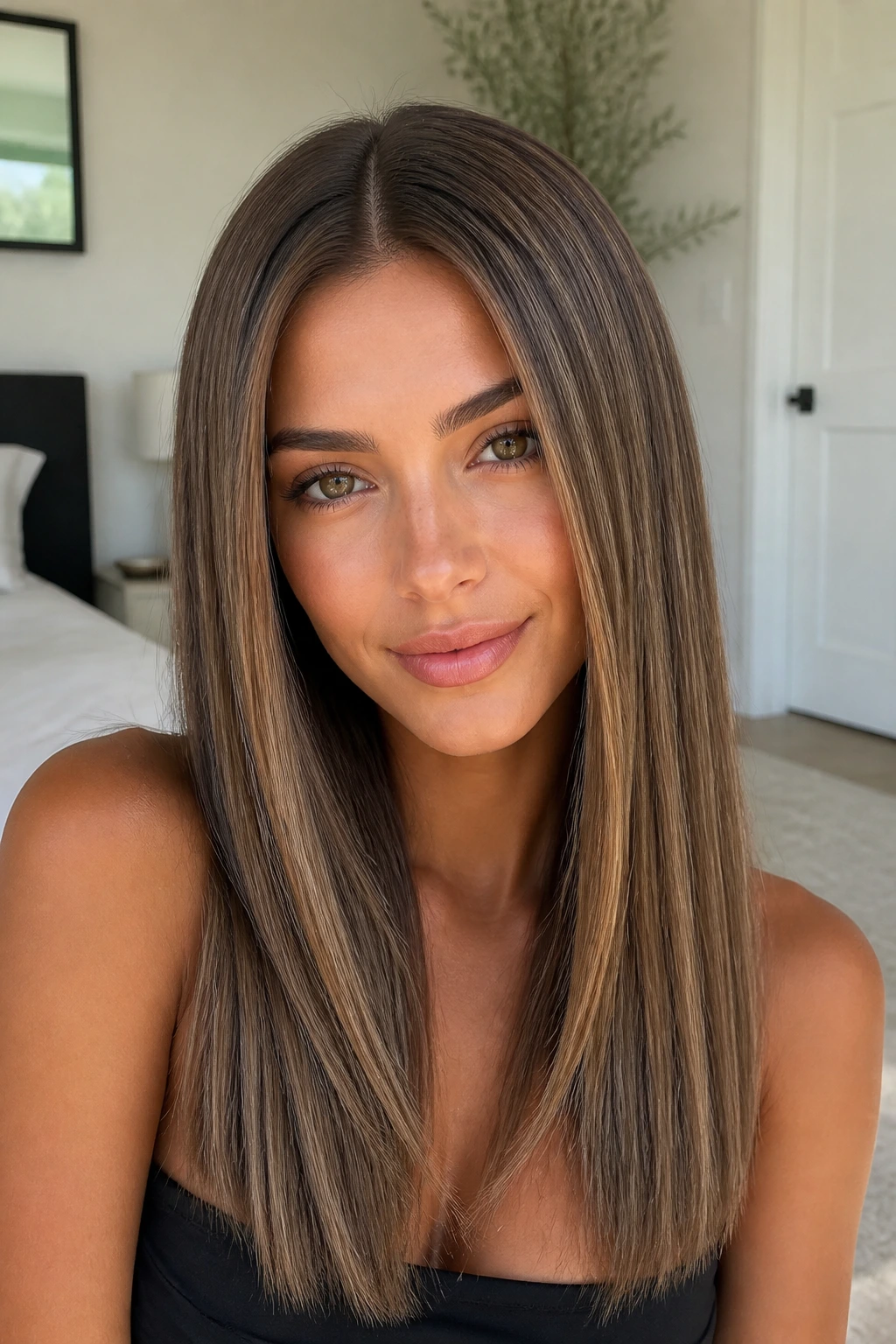 Close-up of a real person with a sleek center-part and straight babylights.