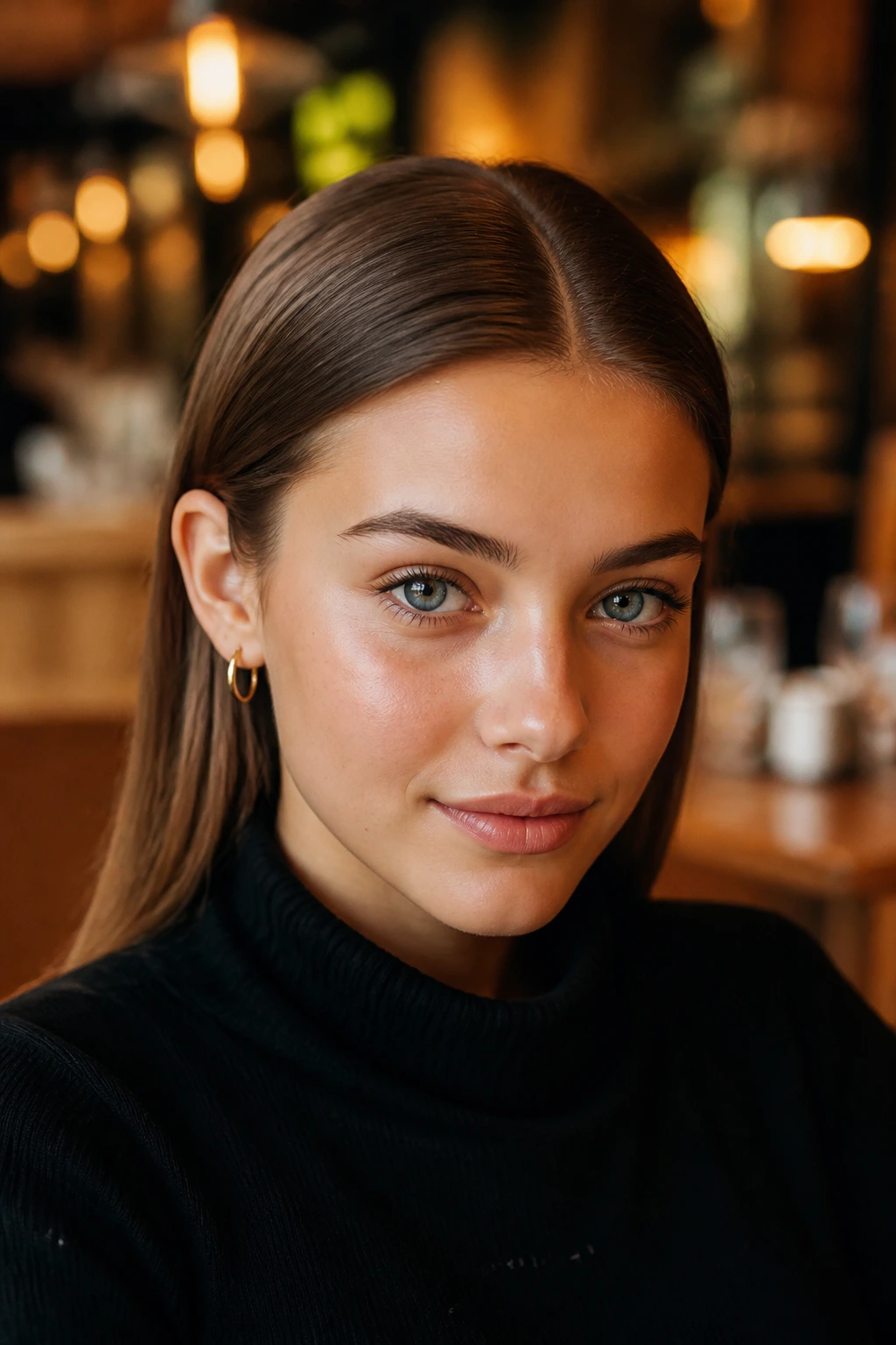 Close-up of a girl with a sleek center-part tuck hairstyle in a cafe setting