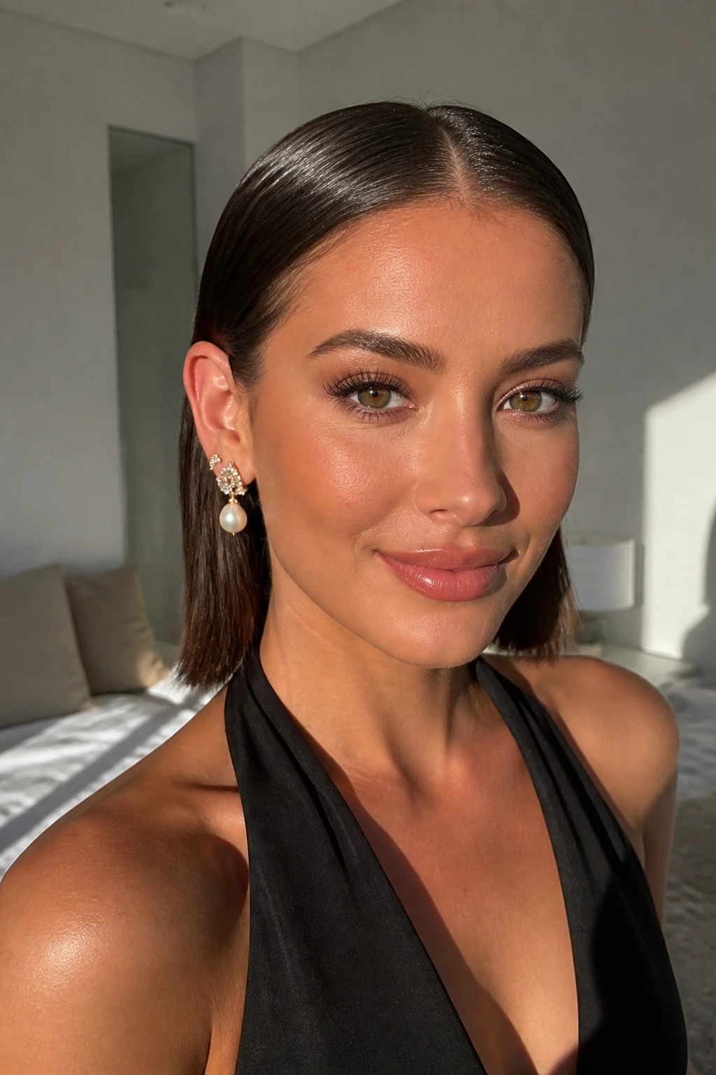 Portrait of a woman with a sleek center-part tucked behind the ears in natural light