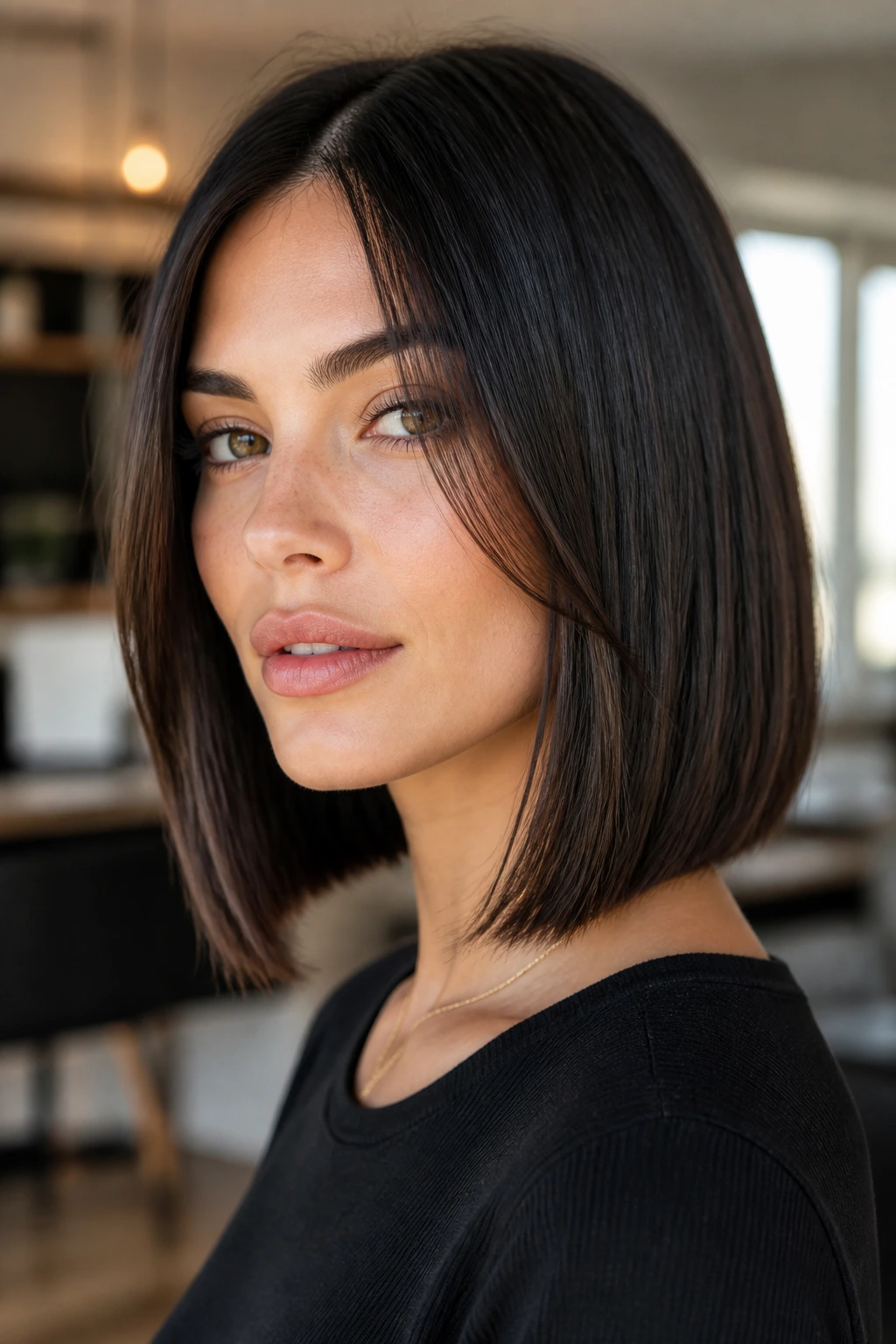 Real person with sleek lob and cheekbone-grazing pieces under soft studio-like lighting.
