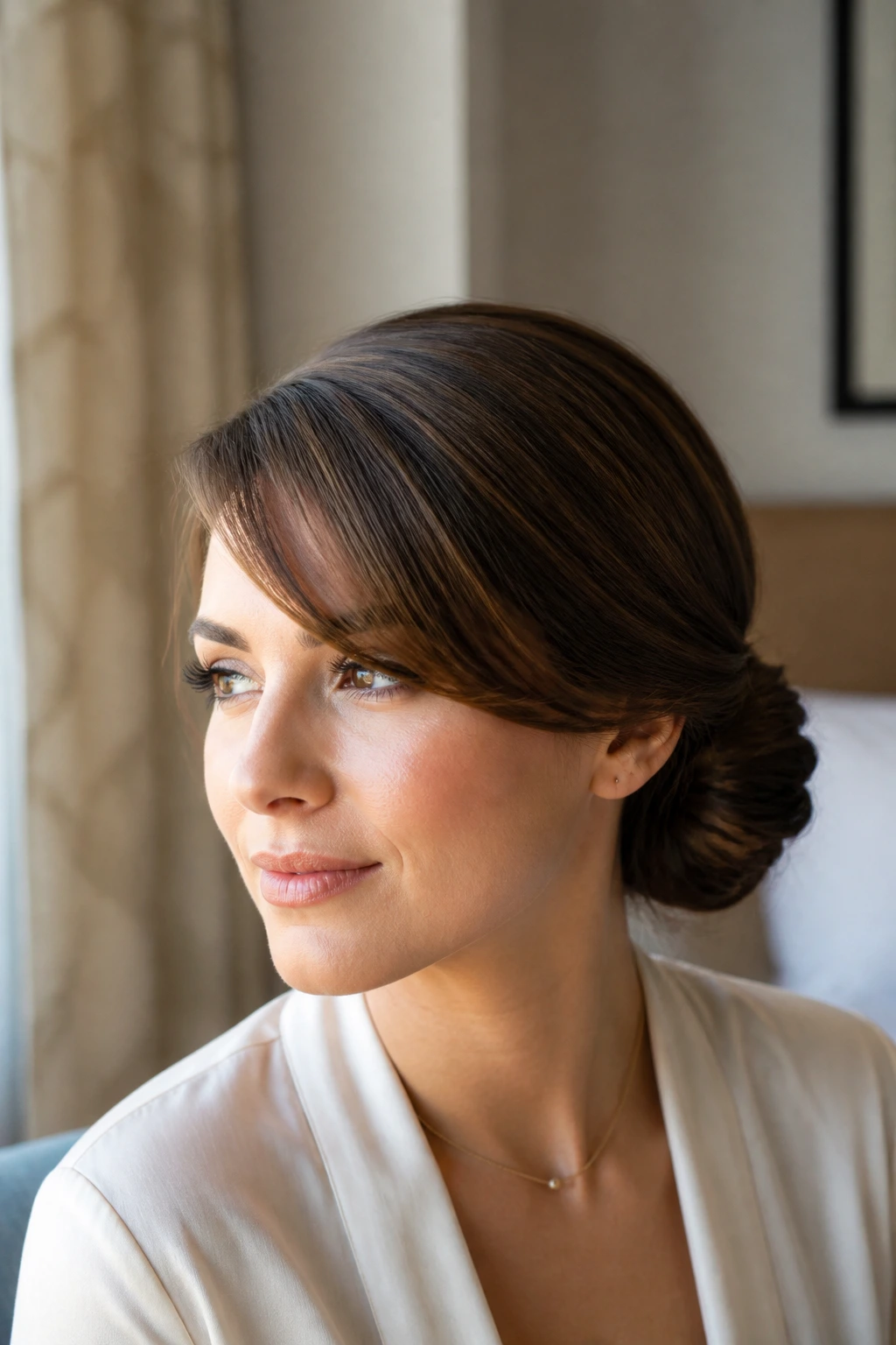 Real woman with a sleek low chignon and side-swept bangs.