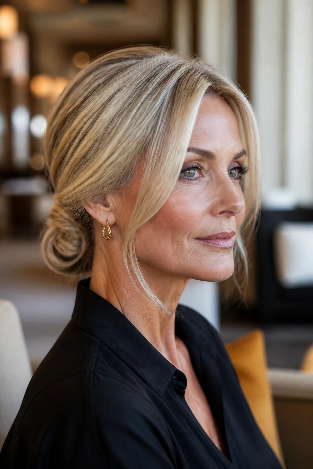 Close-up of a woman with a sleek low chignon and face-framing pieces in warm window light.