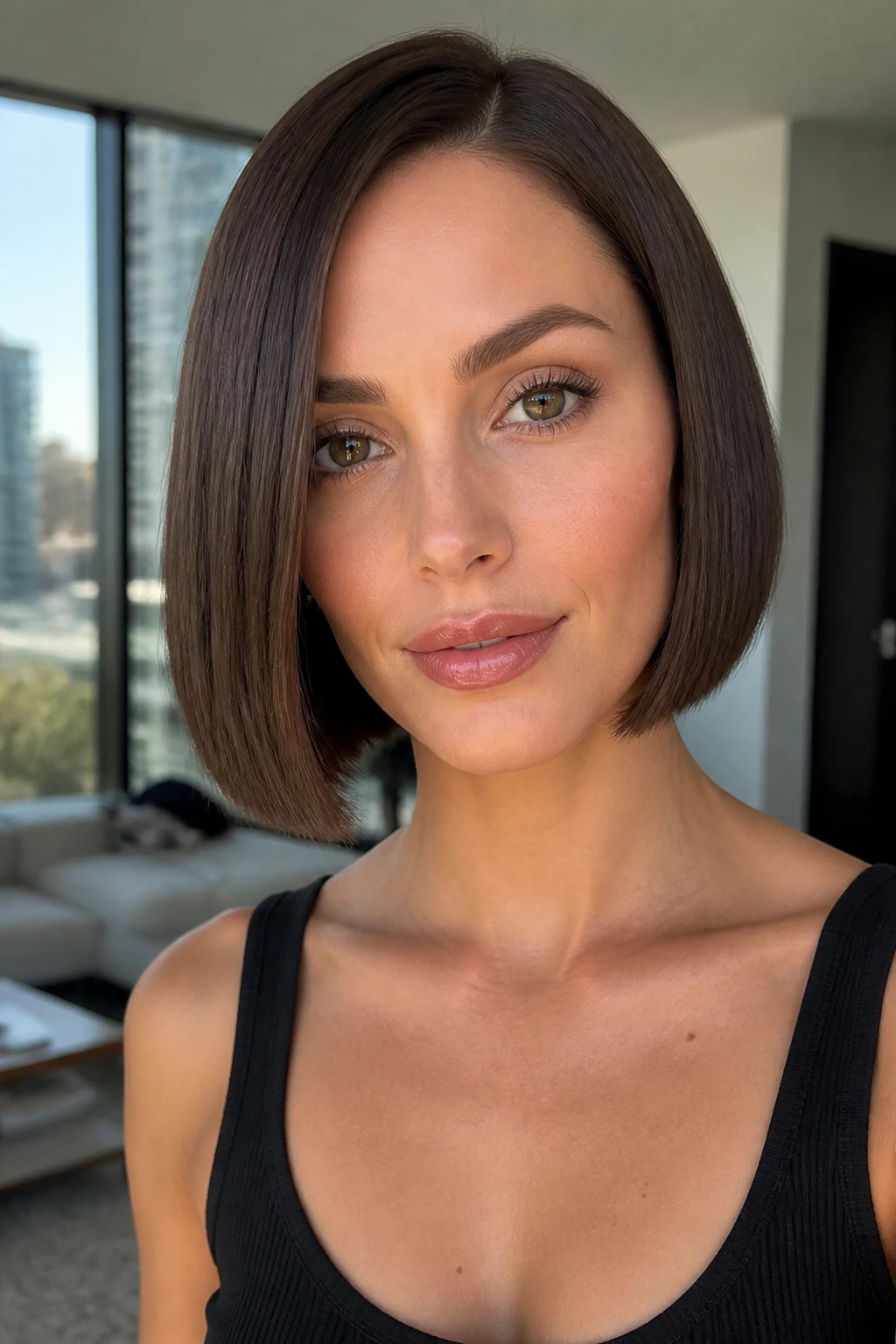 Portrait of a woman with a sleek chin-length bob with blunt ends.