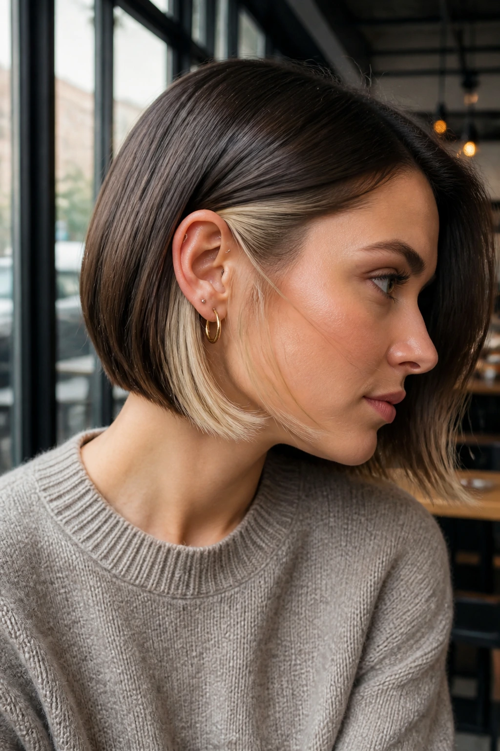 Close-up of a real woman with a sleek chin-length bob and vanilla underlayers