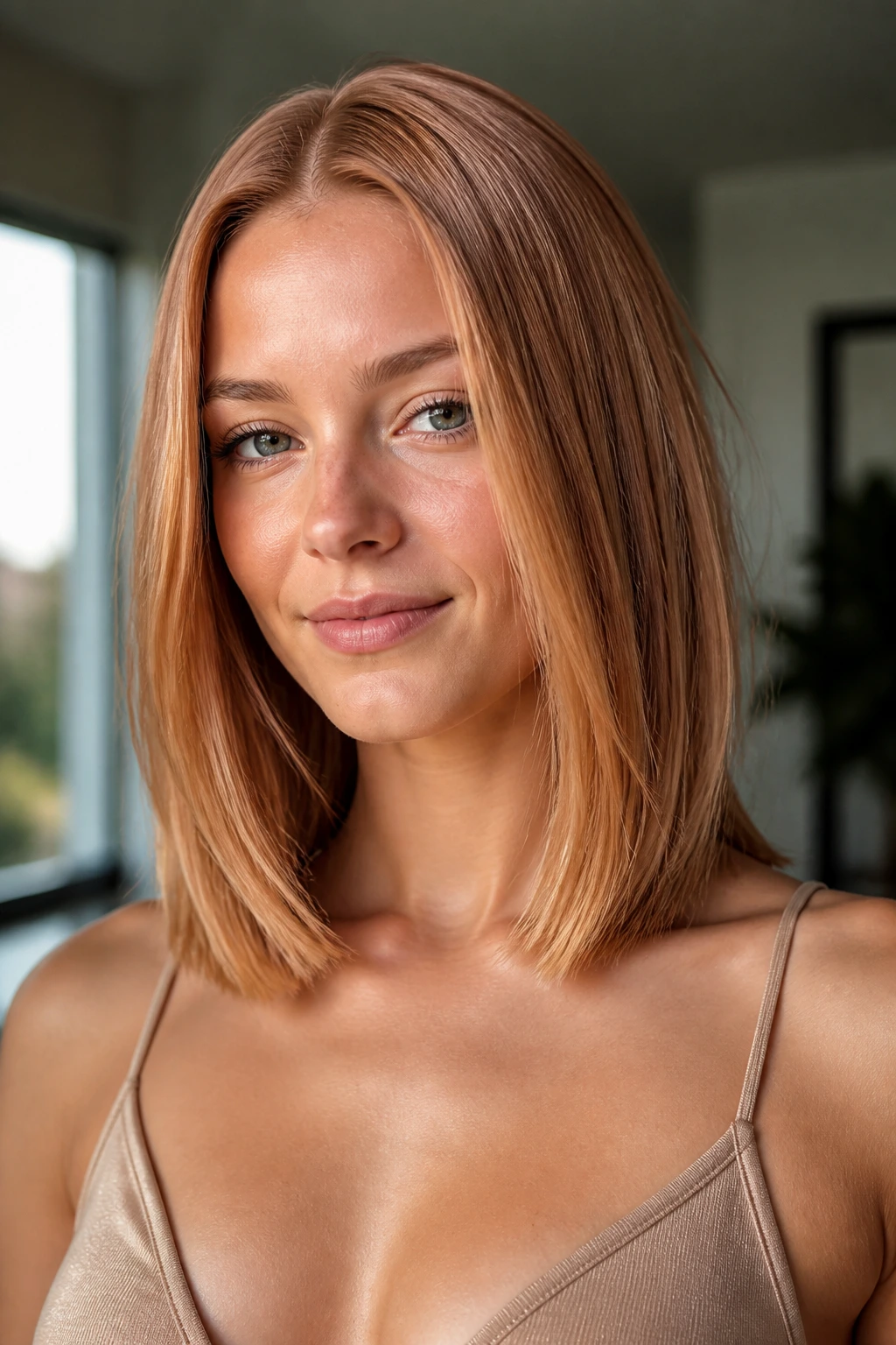 Close-up portrait of a real person with a sleek collarbone cut and glossy shine