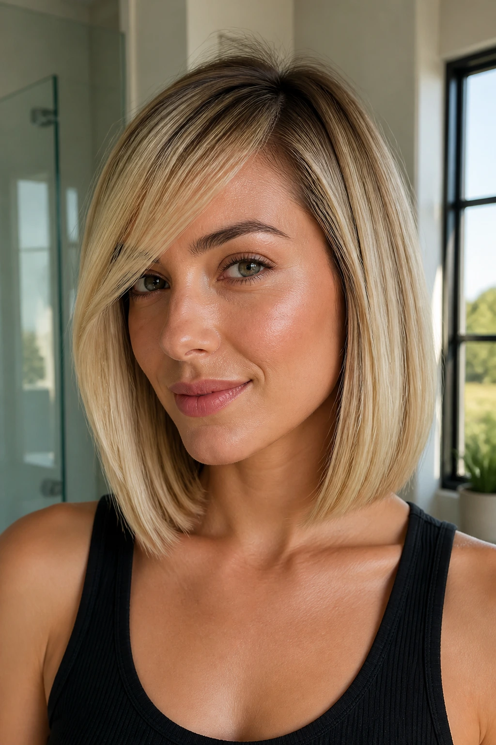Close-up of a woman with a sleek collarbone cut and shadow root.