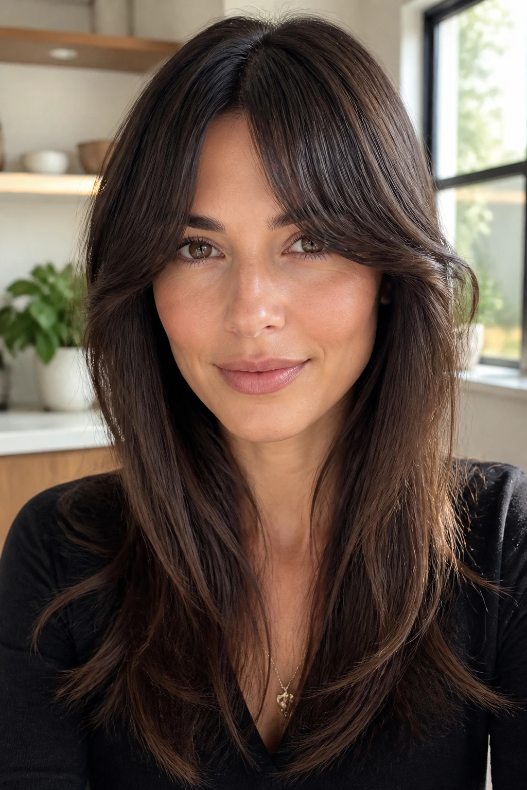 Close-up portrait of a real woman with sleek blowout crescent bangs