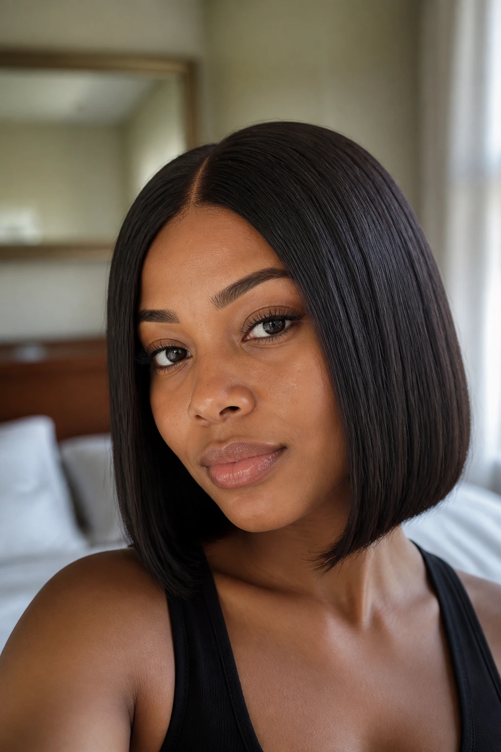 Close-up of real woman with sleek middle-part crochet bob in soft bedroom light