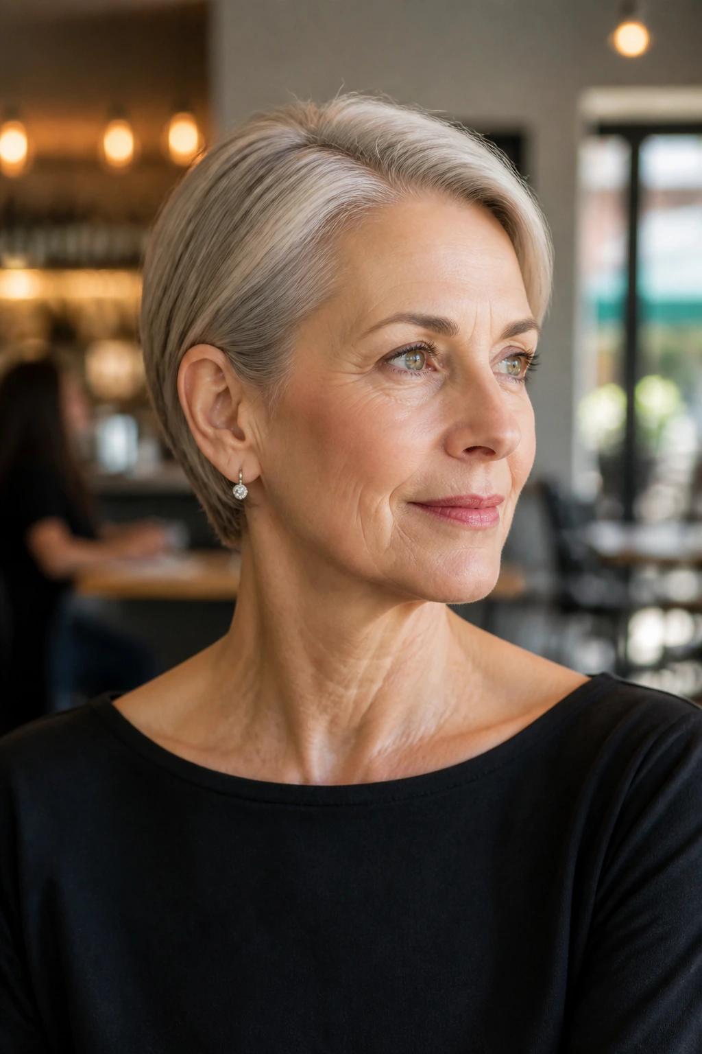 Close-up of a real woman with sleek crop tucked behind the ears