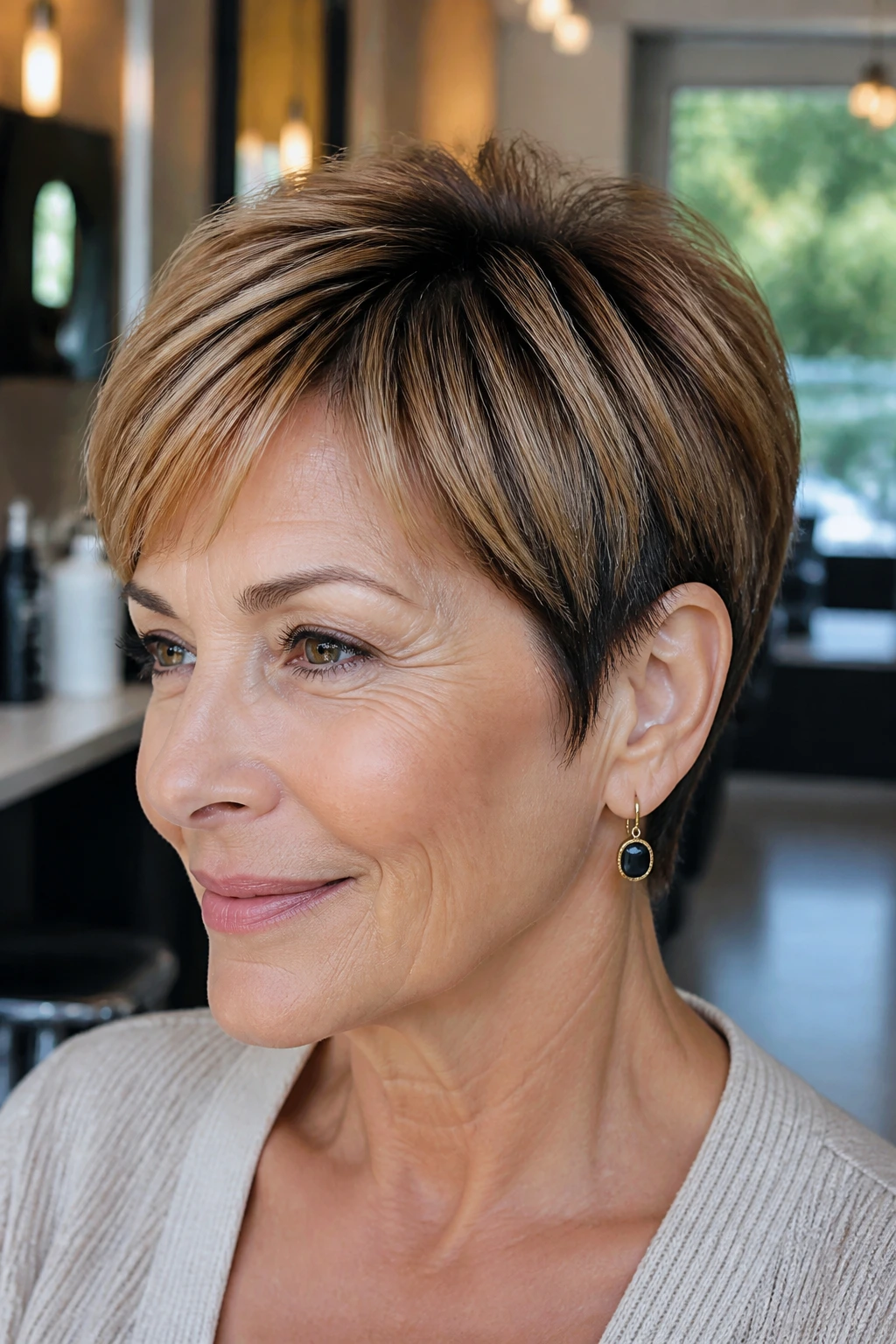 Close-up of a real woman's sleek crop with shadow roots and caramel highlights in a salon.