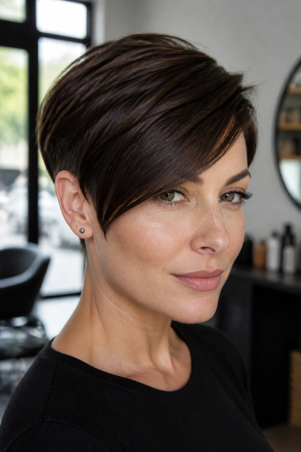 Close-up of a real woman with a sleek crop and polished side bang.