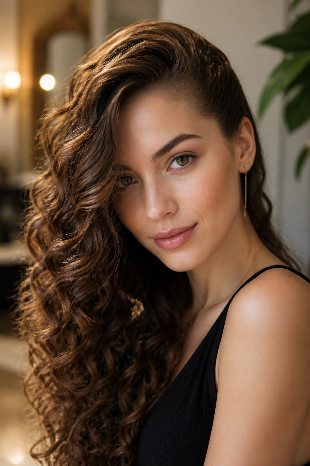 Close-up of a real woman with sleek crown and deep-side-sweep curls