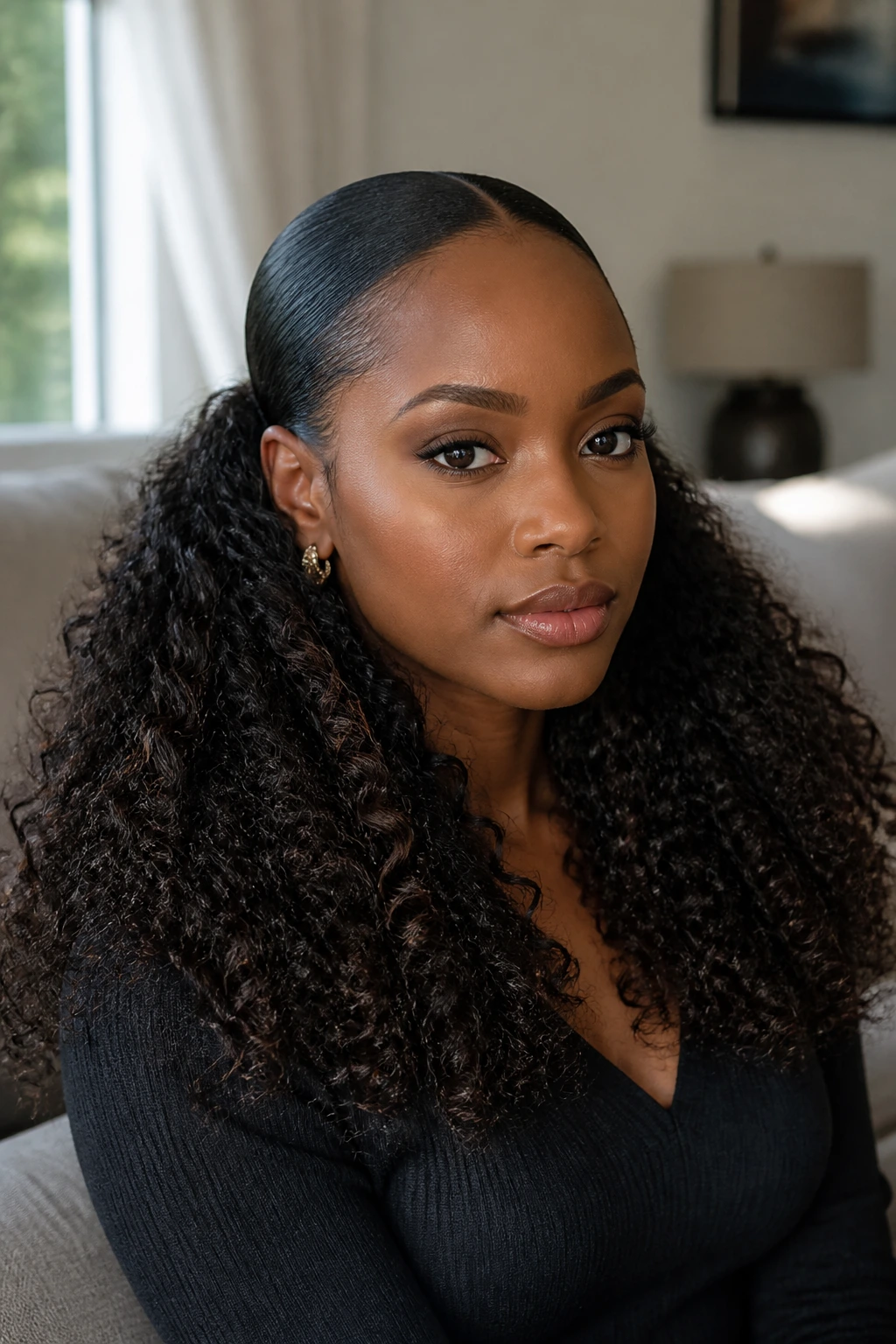 Real woman with a sleek crown and full curly ends