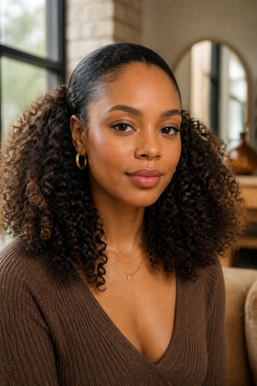 Close-up of a real woman with sleek crown and voluminous ends in a stylish setting