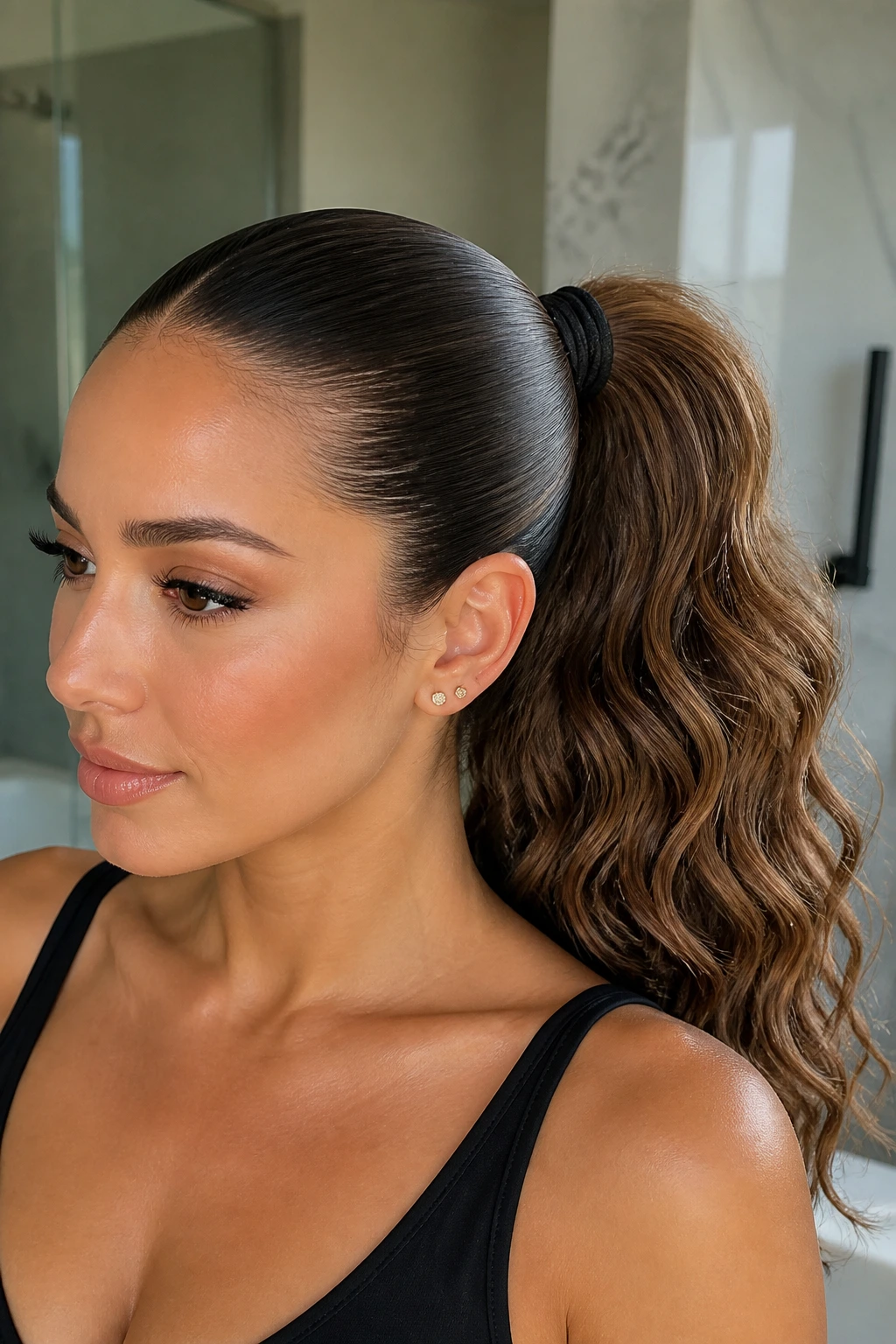 Real woman with a sleek crown and waved tail ponytail in natural light.