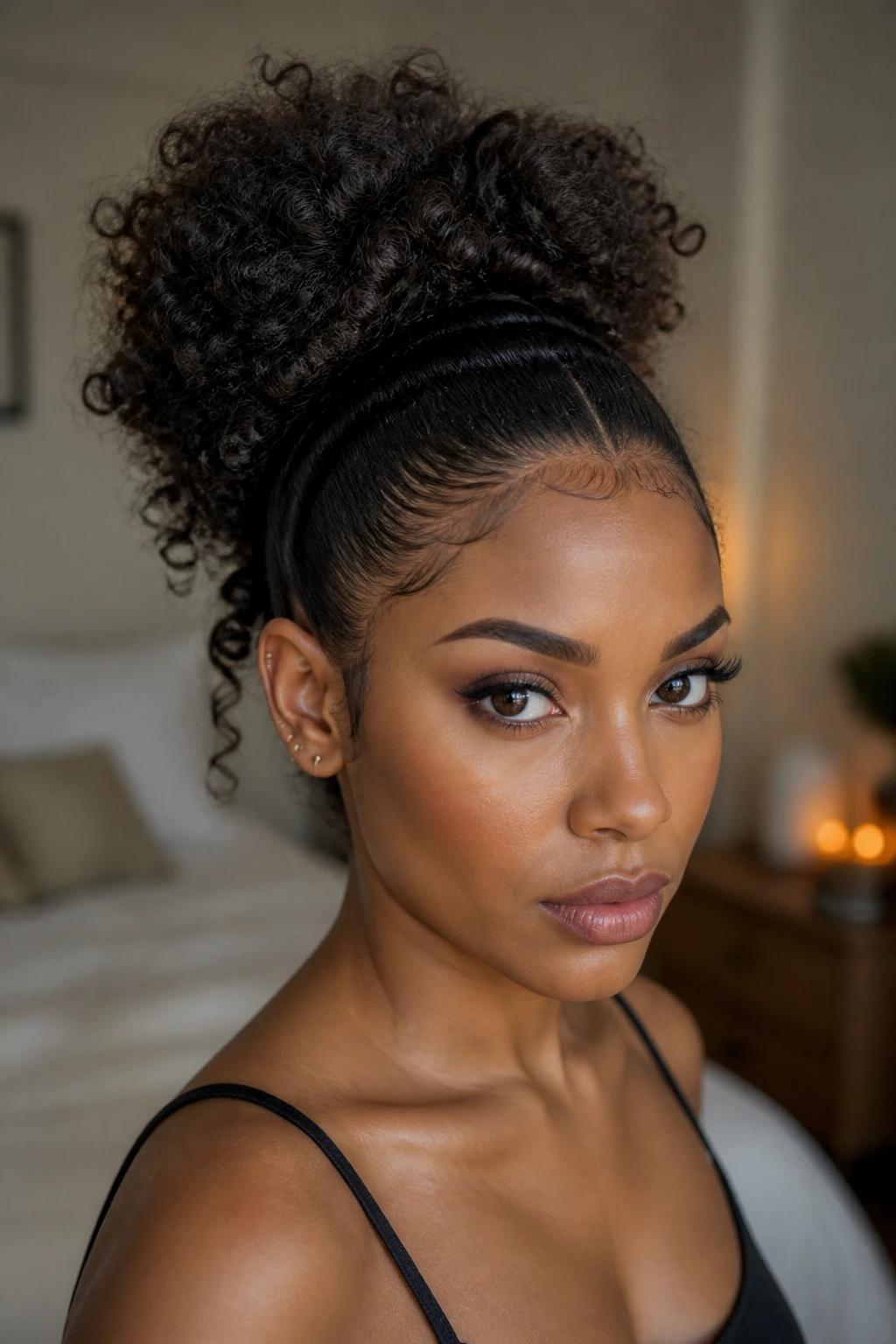Close-up of a real woman with sleek gel-defined roots and a voluminous curly puff at the back