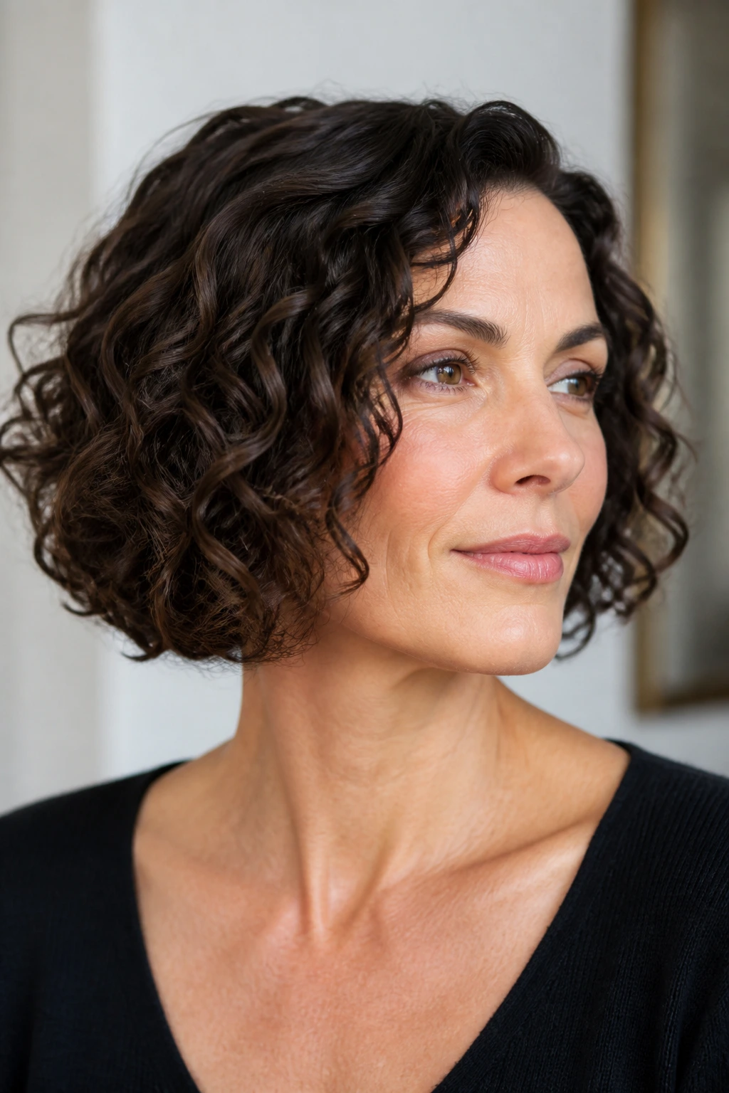 Real woman with a sleek curly bob and minimal layers in soft indoor lighting