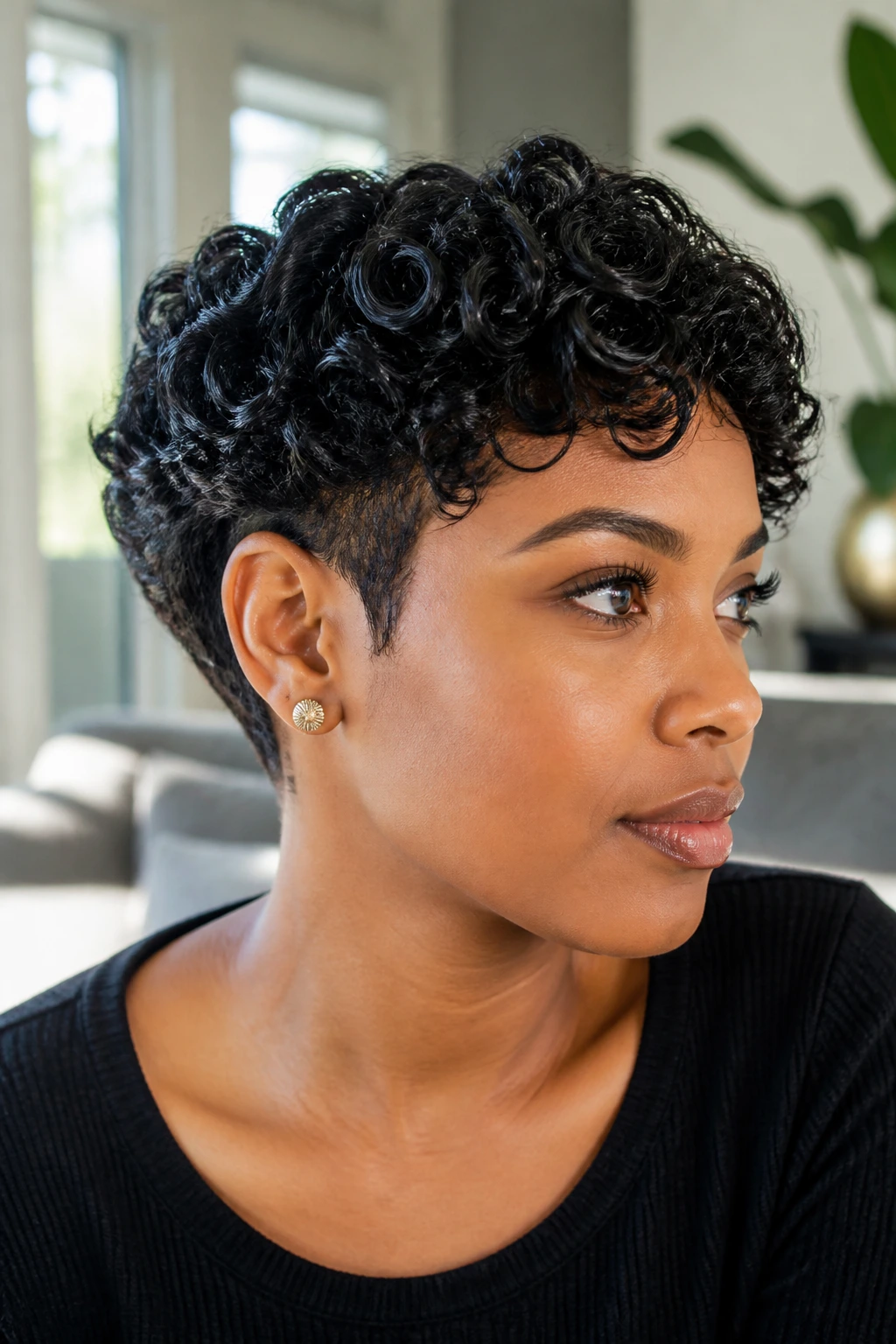Portrait of a real woman with sleek curly bob two-block haircut