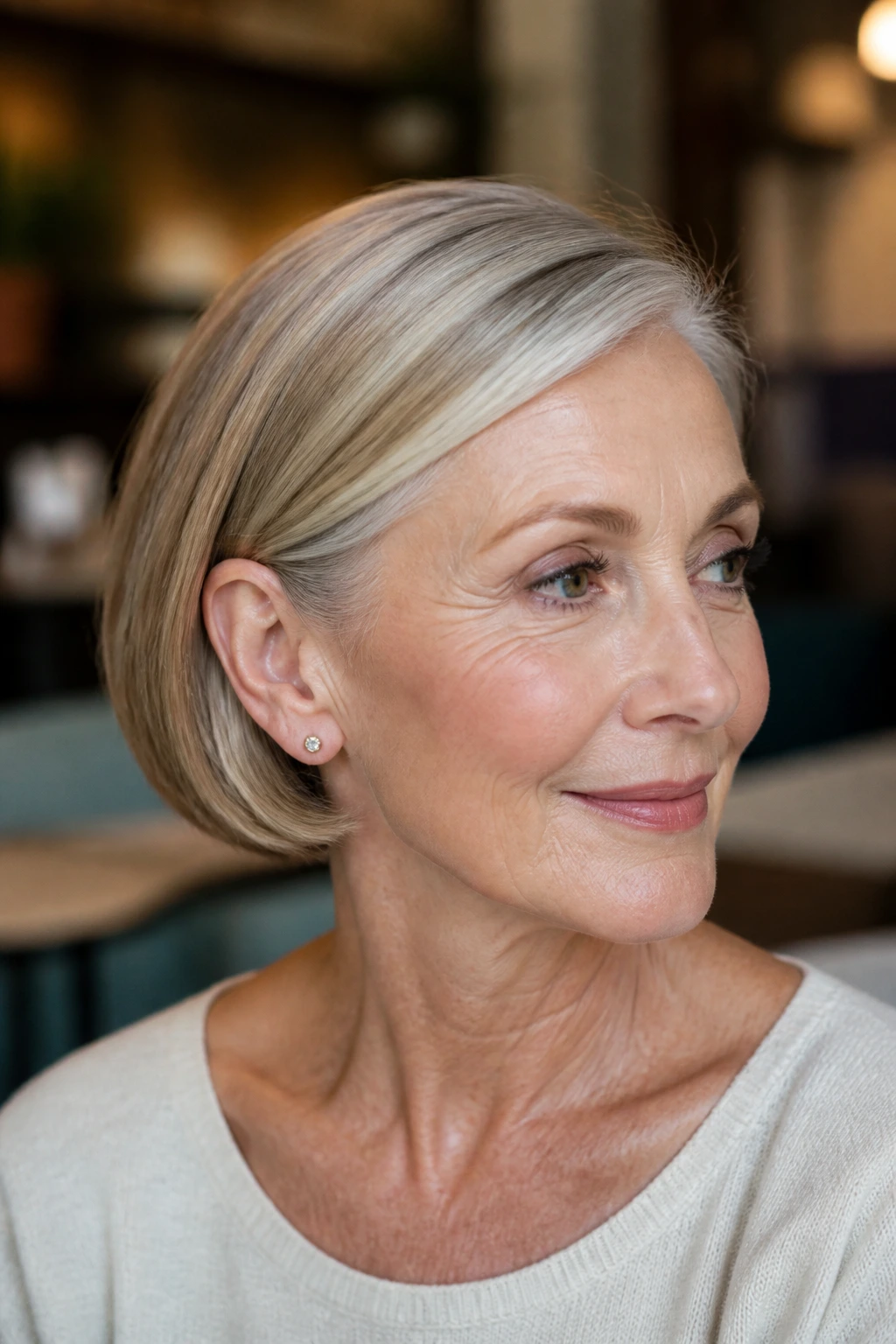 Close-up of a real woman with sleek ear-tucked bob tucked behind the ear