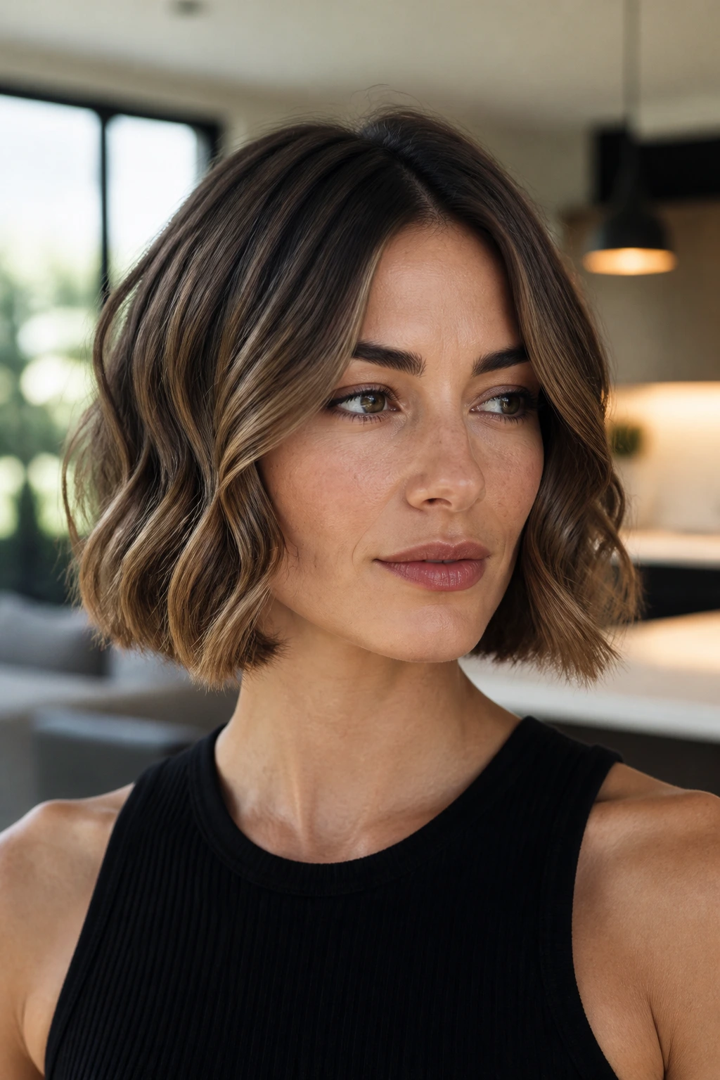 Real woman with sleek-ends bob and mid-length waves