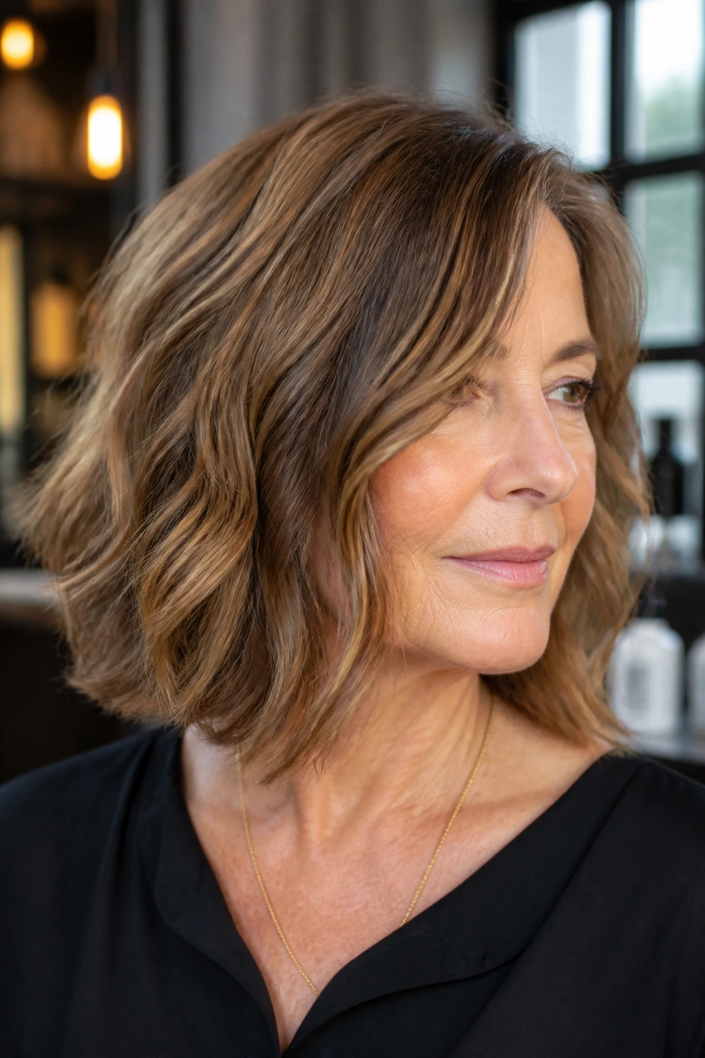 Close-up of a woman with sleek-ended shoulder-length bob in soft lighting