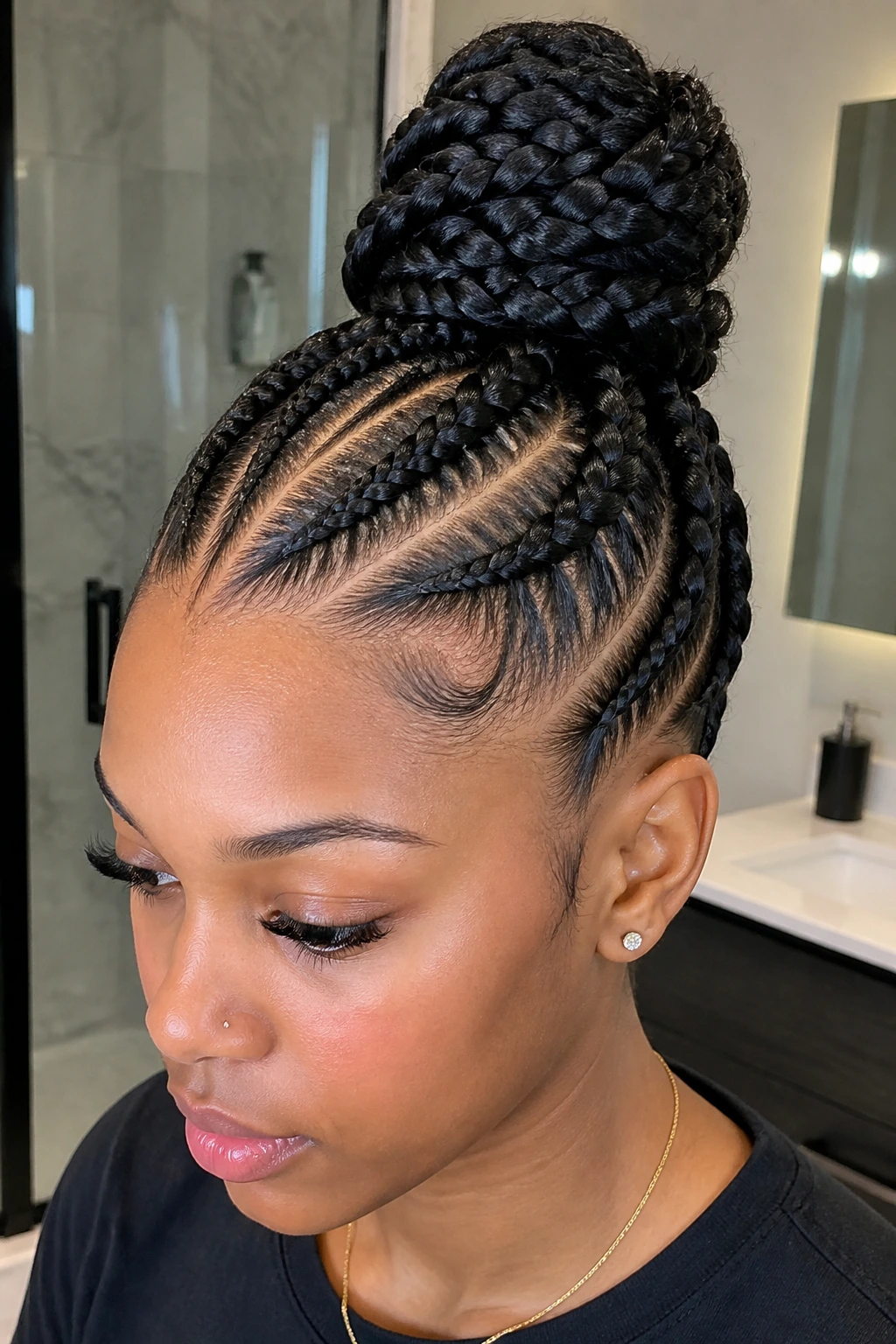 Close-up of a sleek feed-in French braid leading to a bun