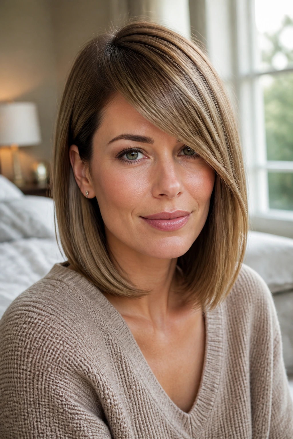 Close-up of a real woman with a sleek side-swept fringe lob, mid-length thick hair.