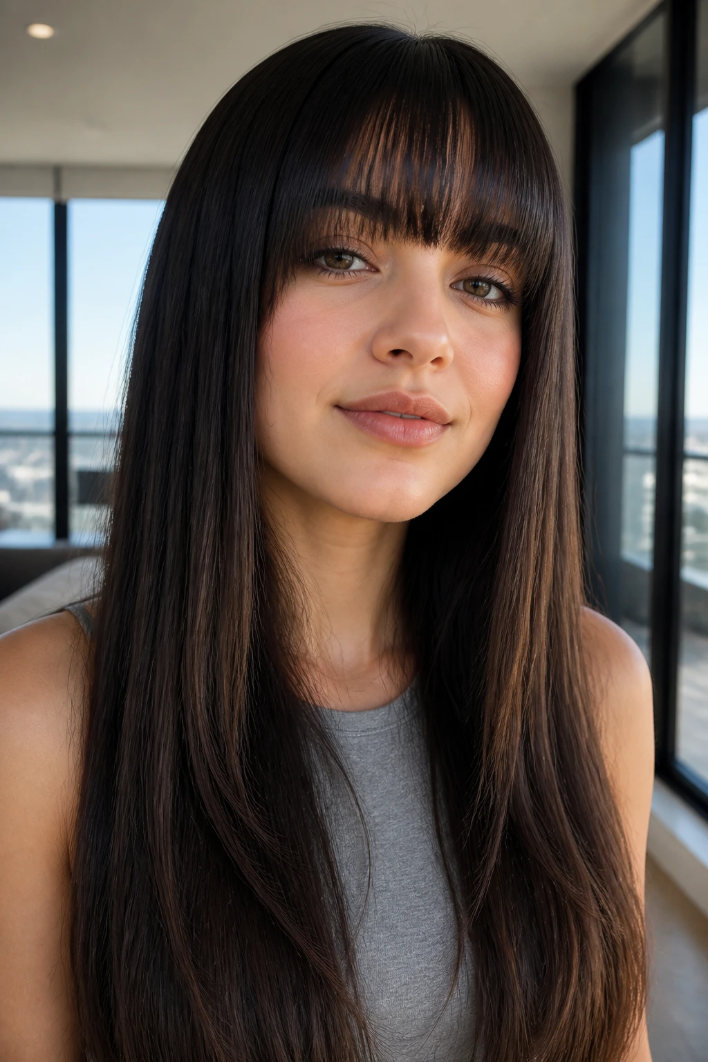 Medium close-up of a real person with sleek high-contrast fringe