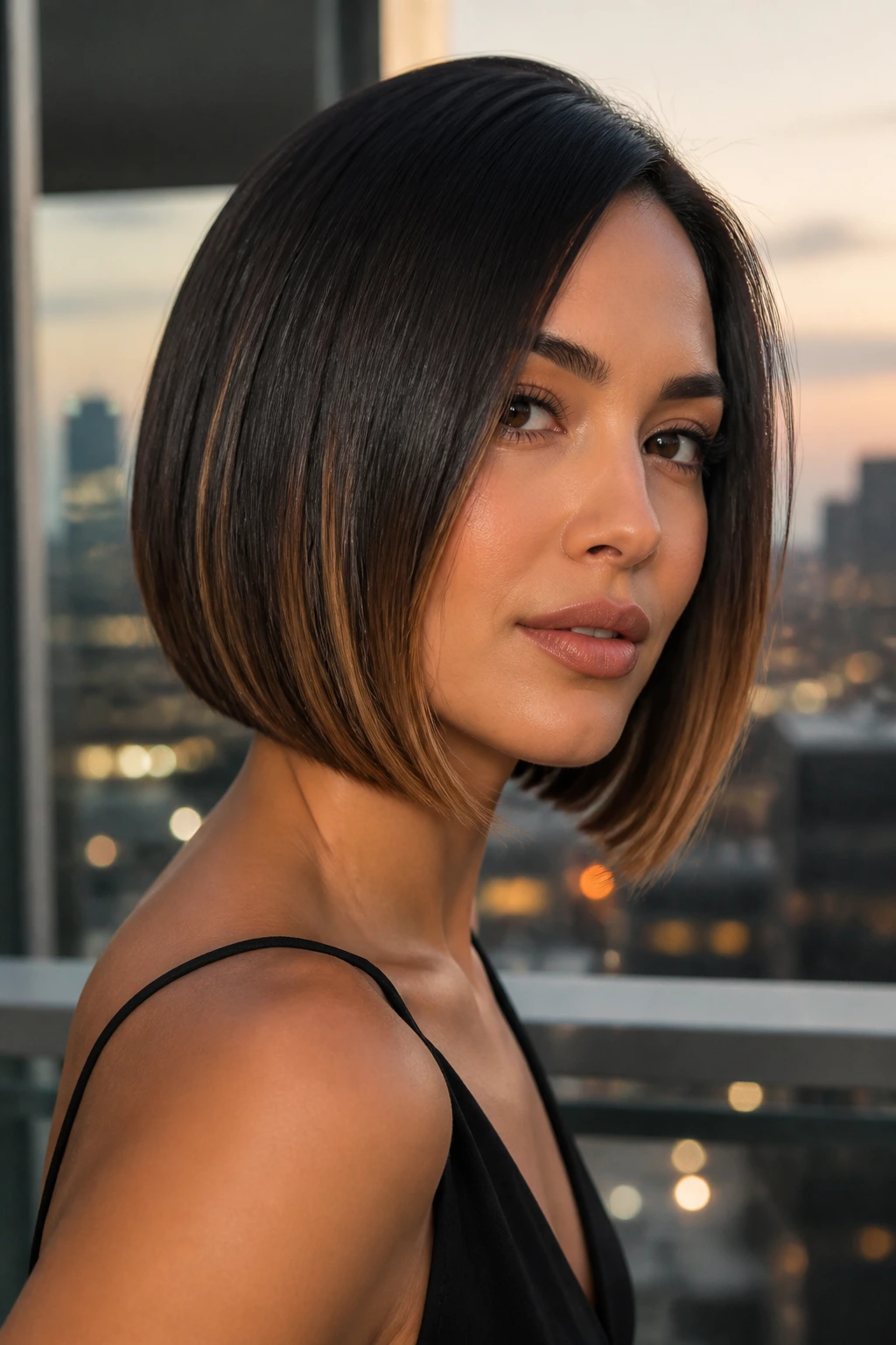 Close-up portrait of sleek glass bob with caramel lining on a real person
