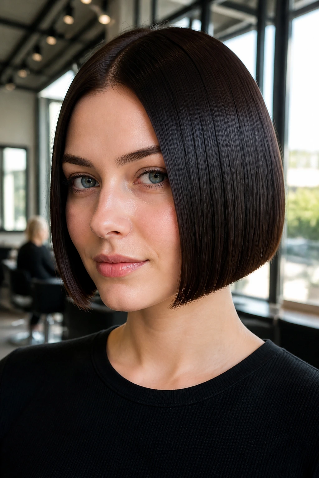 Close-up portrait of a real woman with a sleek glass bob chin-length