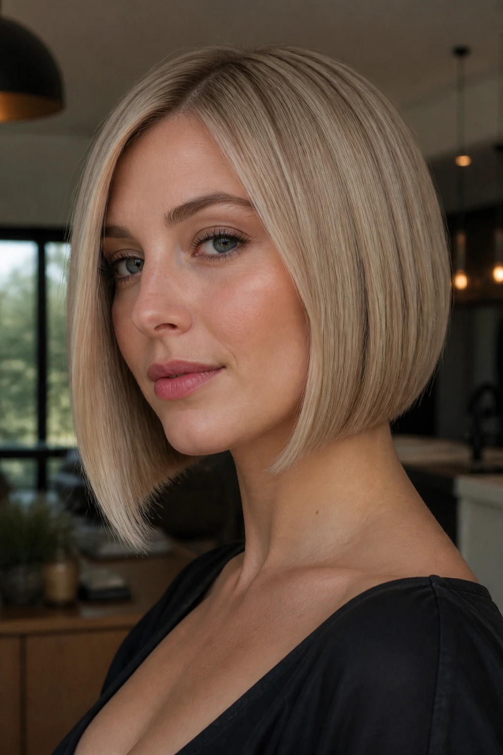 Real person portrait with sleek glass bob and sharp edges