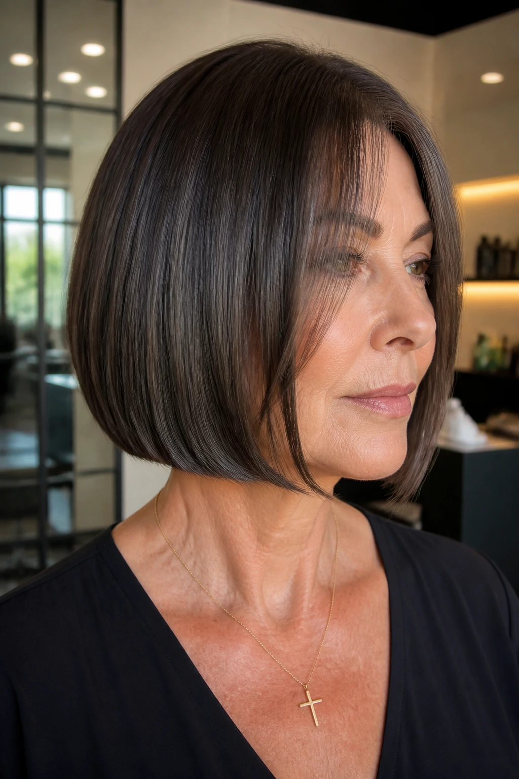 Real woman with sleek glass bob in a chic studio
