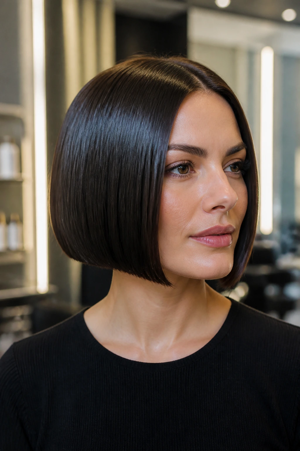 Portrait of a real woman with a sleek glass bob and glossy finish