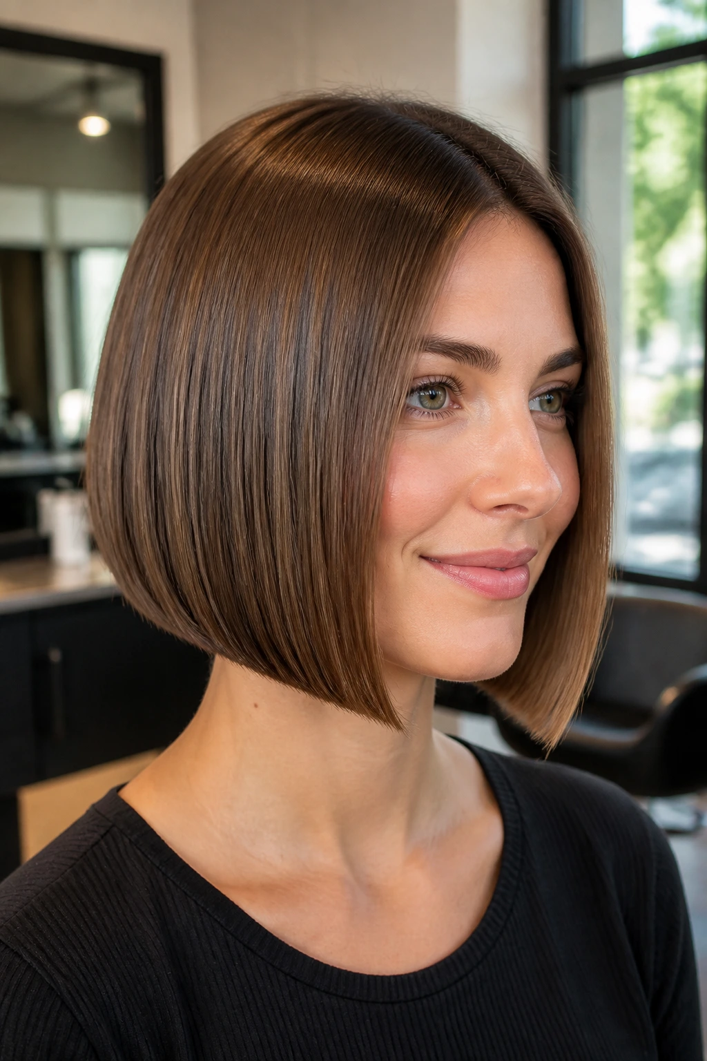 Close-up portrait of a real woman with Sleek Glass A-Line Bob and a crisp finish