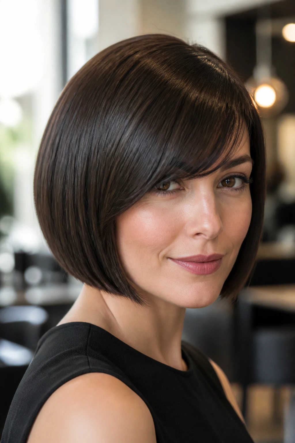 Close-up of a woman with a sleek glass bob and side bangs in a modern salon.