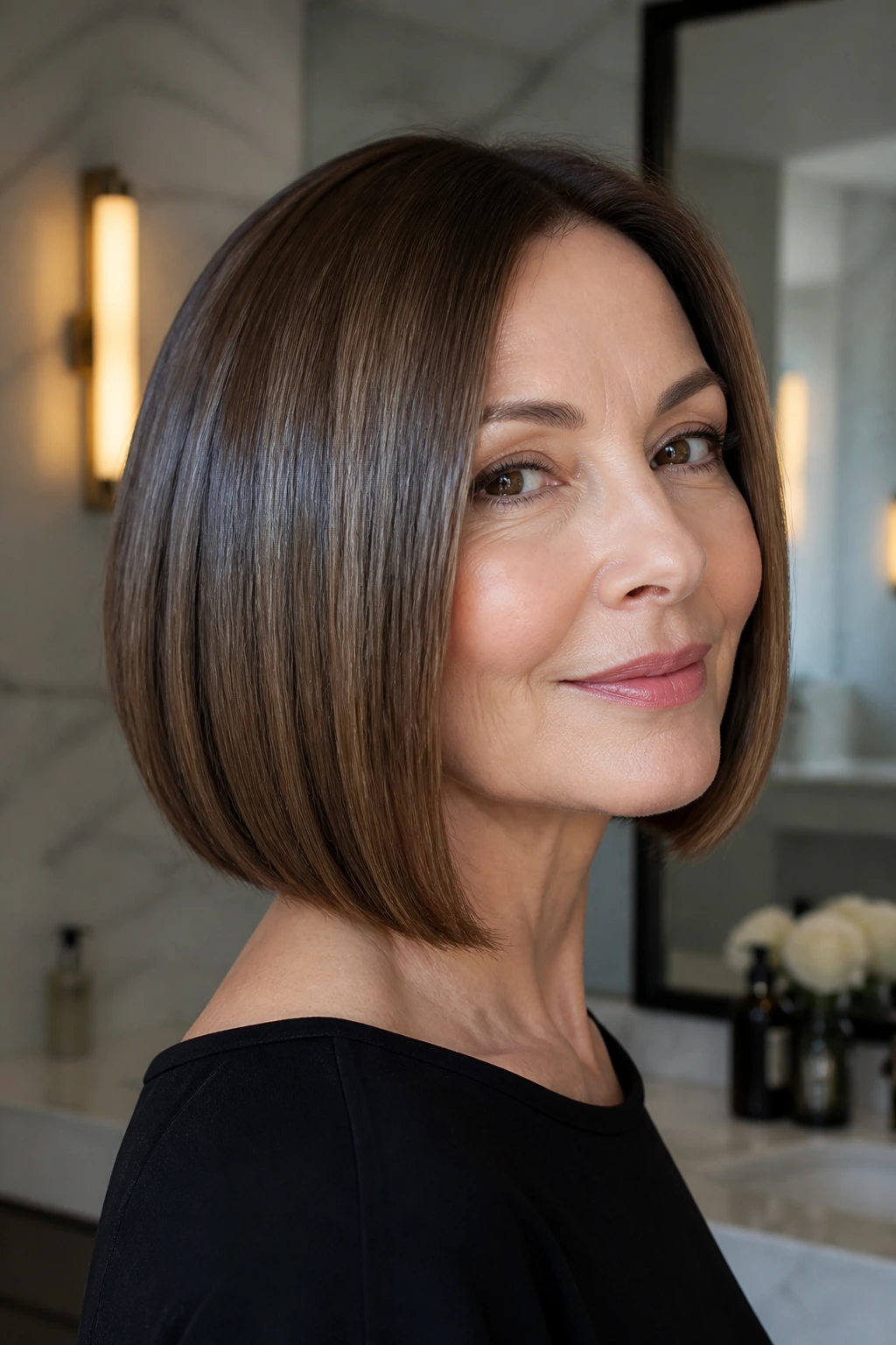 Portrait of a real woman with a sleek glass bob under soft diffused lighting