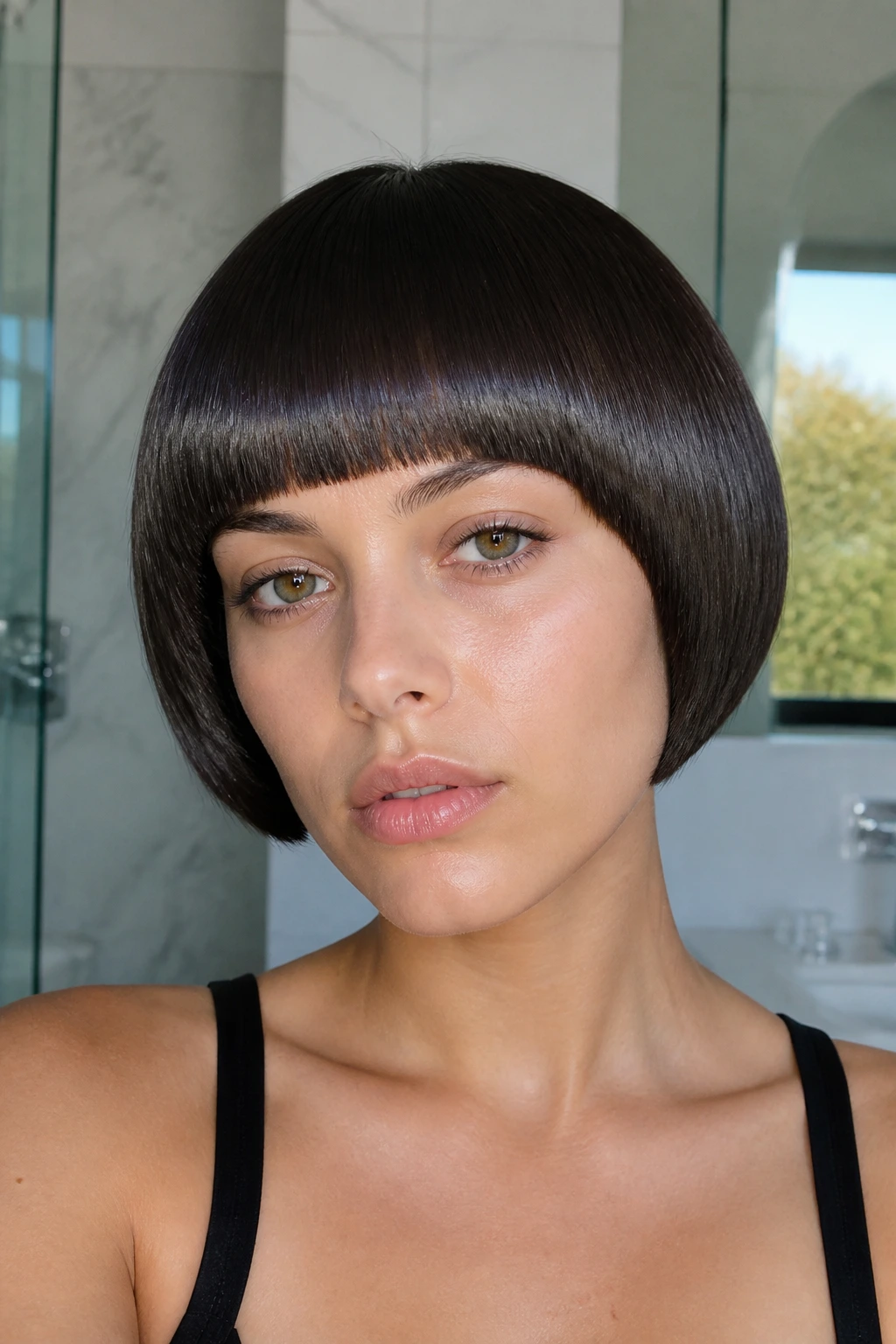 Close-up portrait of a real woman with a sleek glass bowl haircut and glossy finish in a bright bathroom.