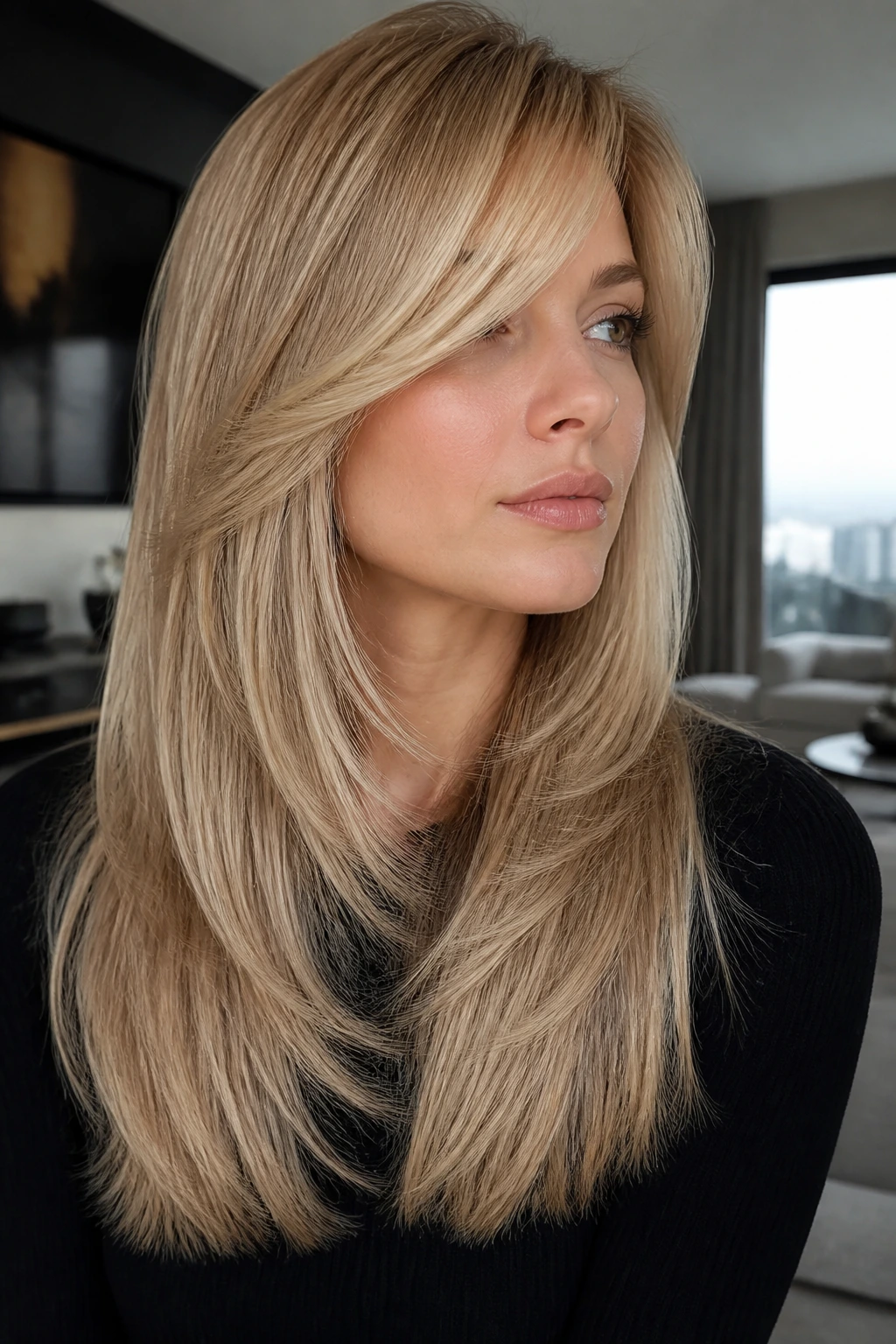 Portrait of a real woman with sleek glass layers and hidden bend in long hair.
