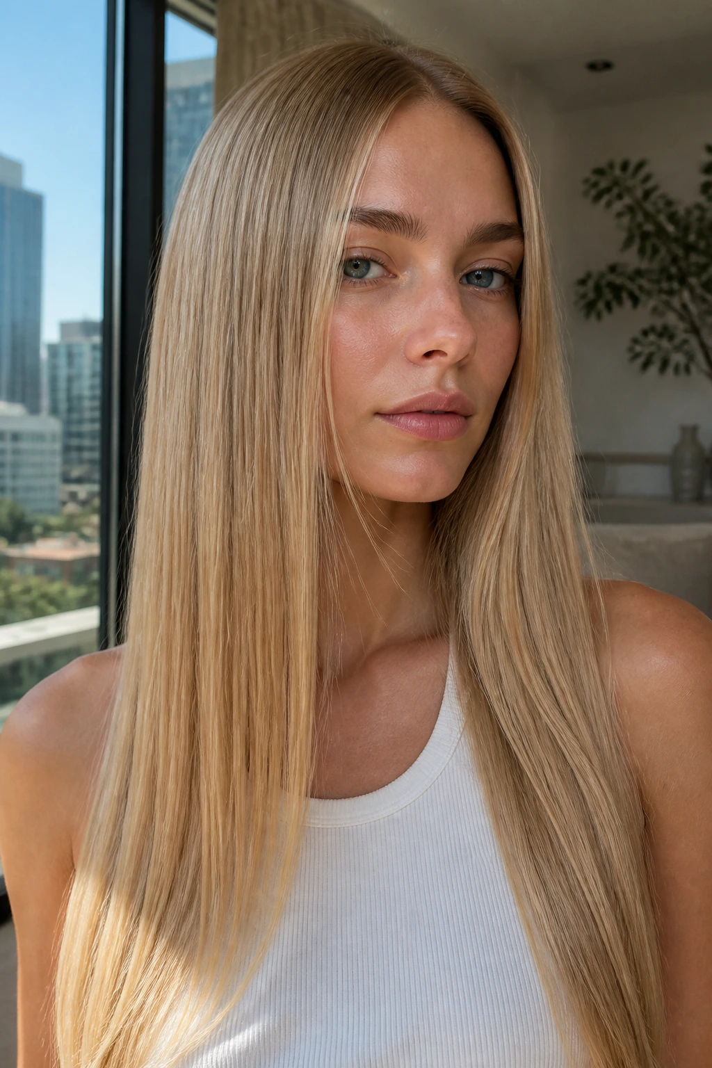 Close-up of a woman with sleek glass-length straight hair and golden blonde gloss.