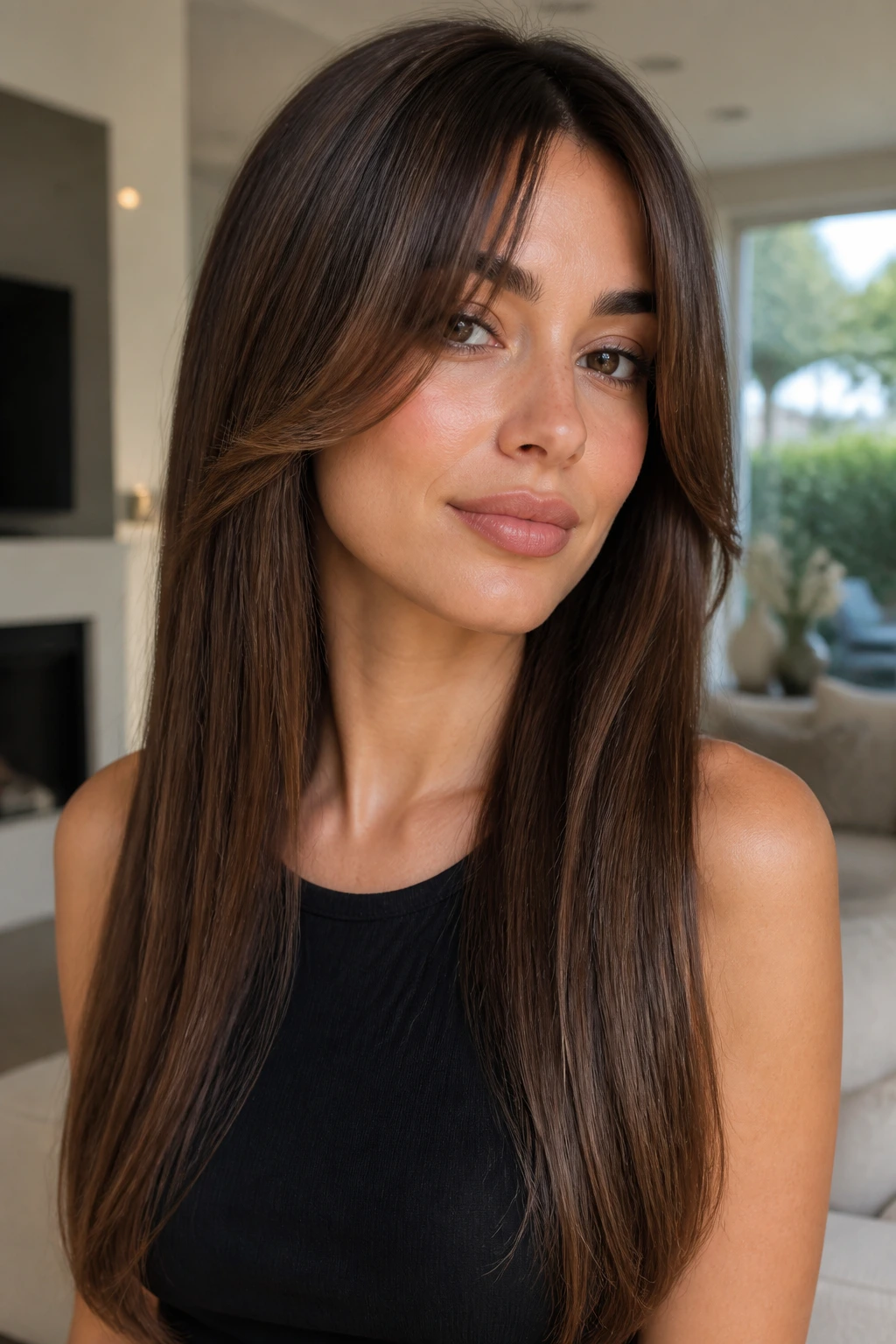 Close-up portrait of a real woman with sleek glass-length hair and an open fringe.