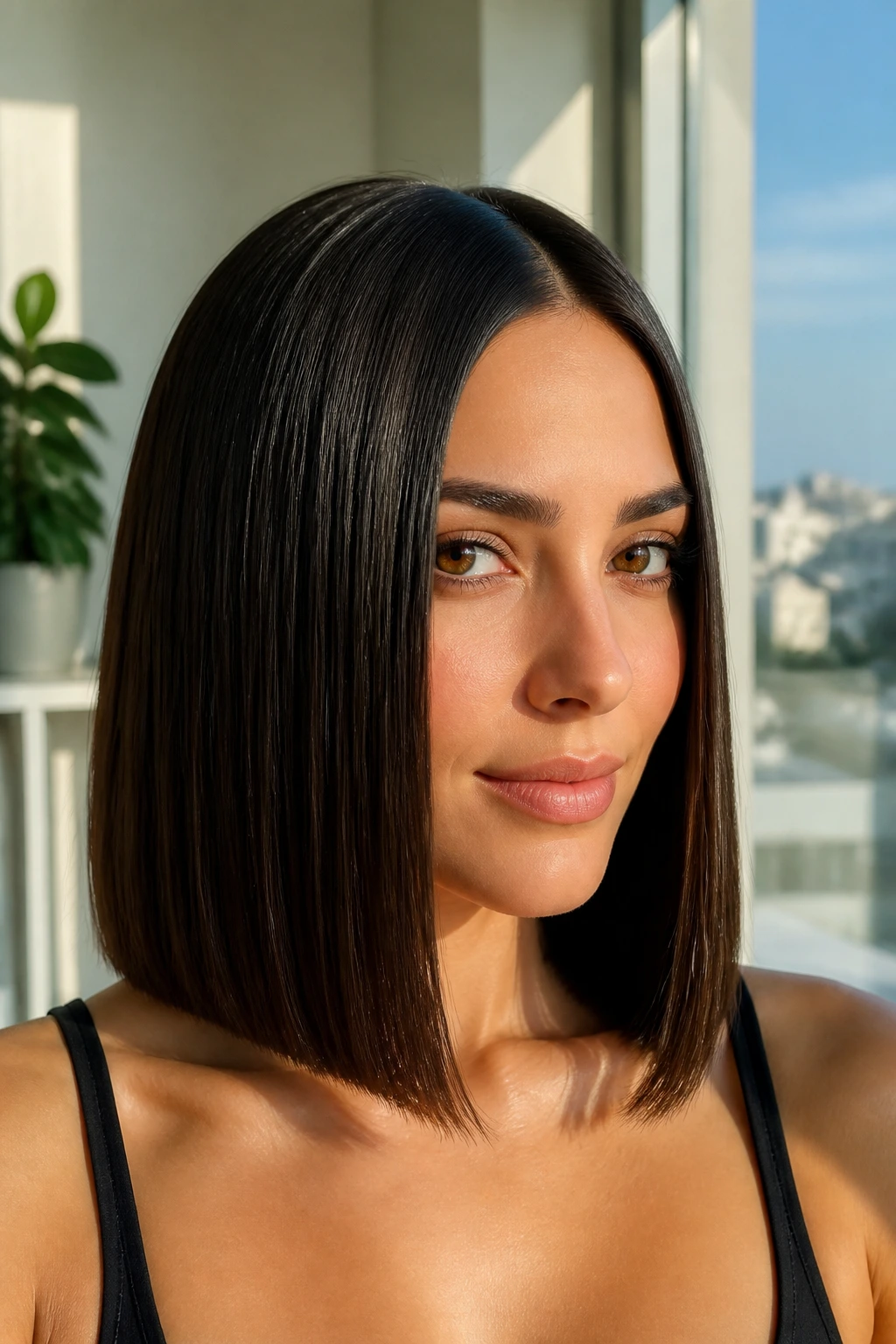 Close-up portrait of a real person with a sleek glass lob.