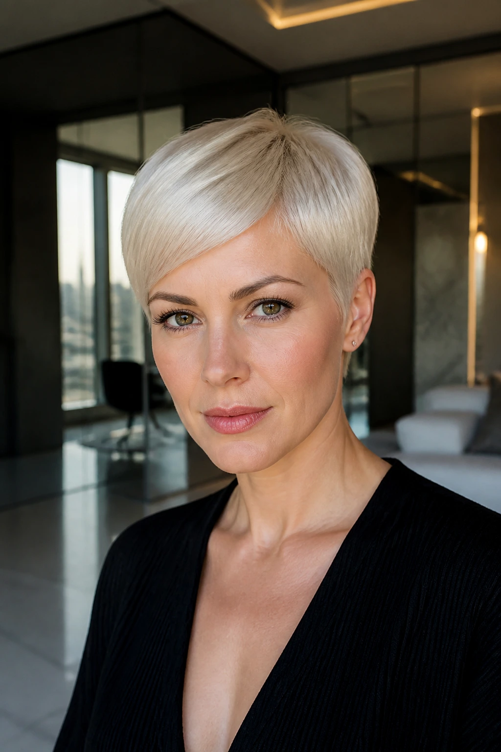 Real woman with sleek glass pixie in platinum, modern apartment setting