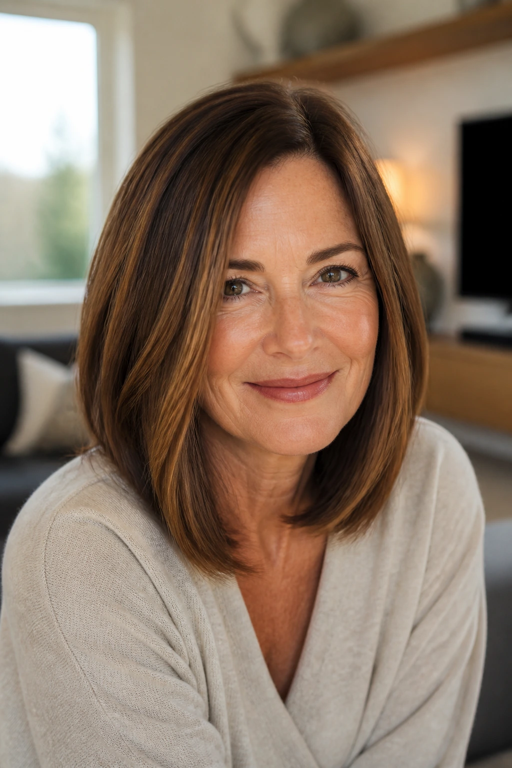 Close-up of a real woman with sleek cinnamon-depth shoulder-length hair.