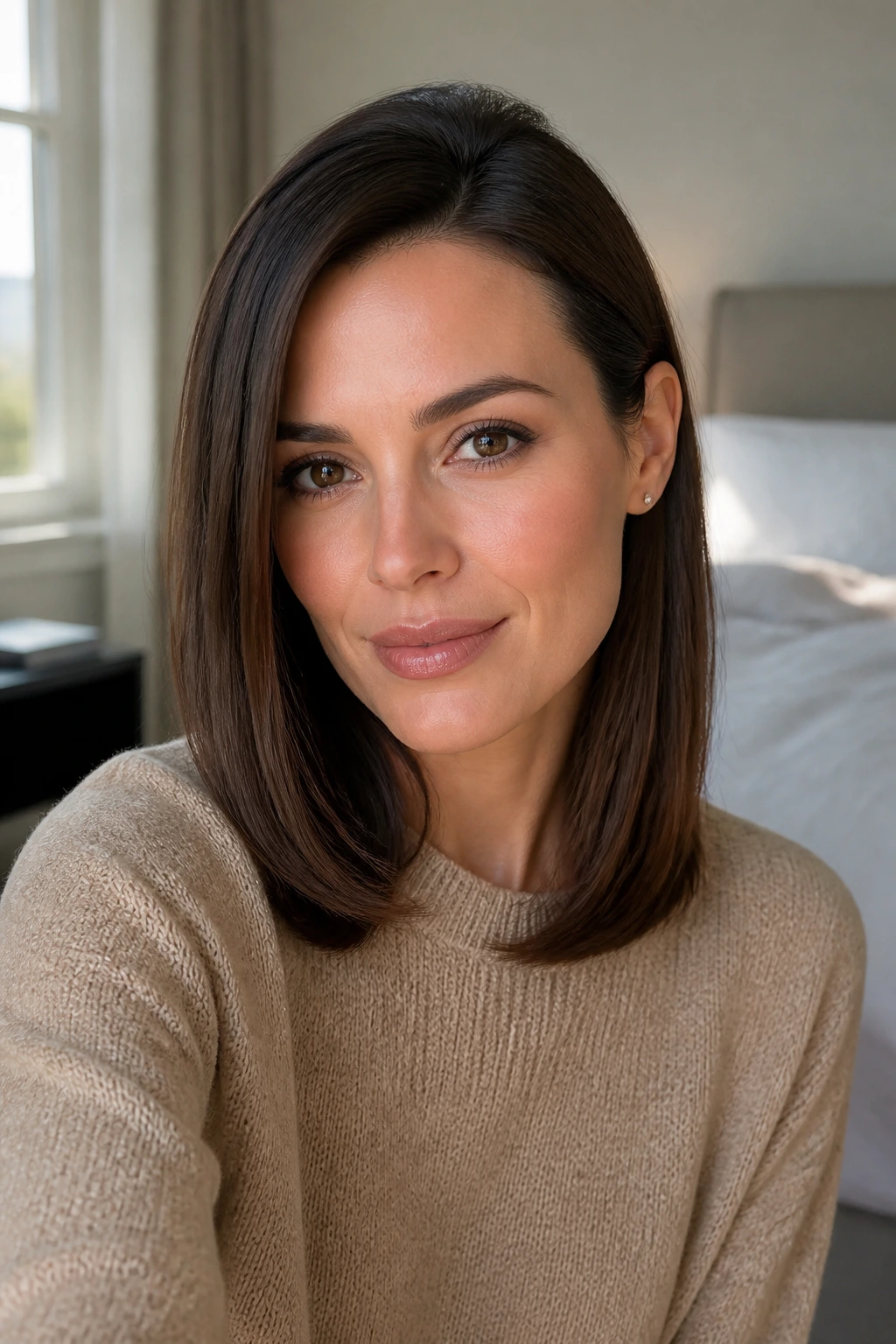 Close-up portrait of a woman with sleek hair and off-center part