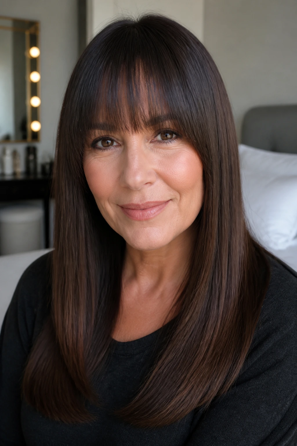 Close-up of a real woman with a sleek, soft-edged one-length haircut