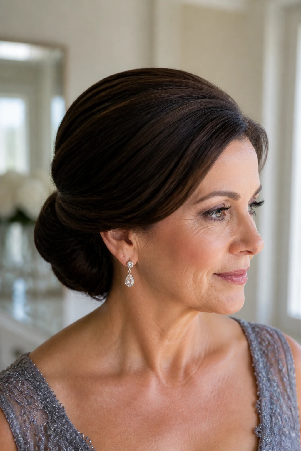 Close-up of a real woman with a sleek glossy hairstyle illustrating hold on thick hair