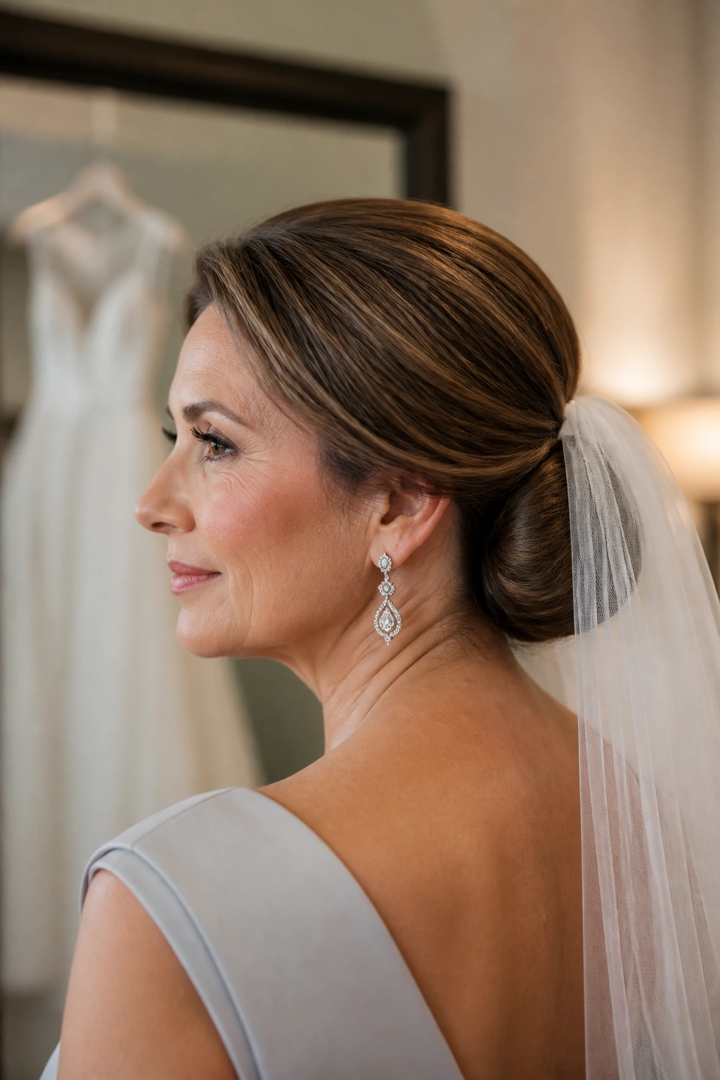 Portrait of a real woman with a sleek low bun, veil, and earrings in soft dressing room light
